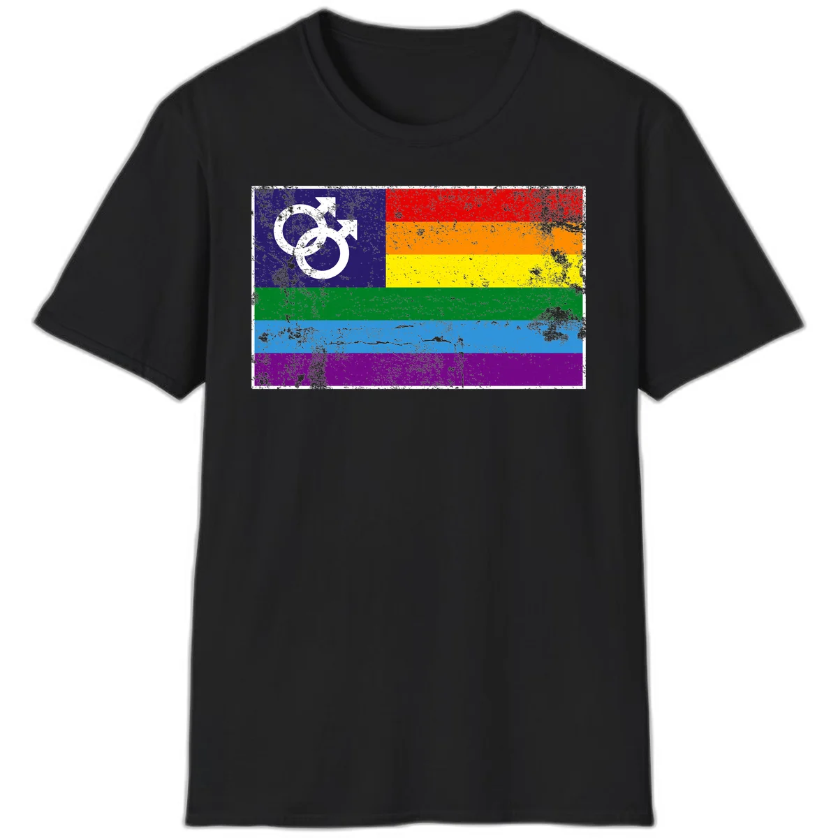 Distressed rainbow pride flag with interlocking male and female gender symbol in white on dark blue section in Black
