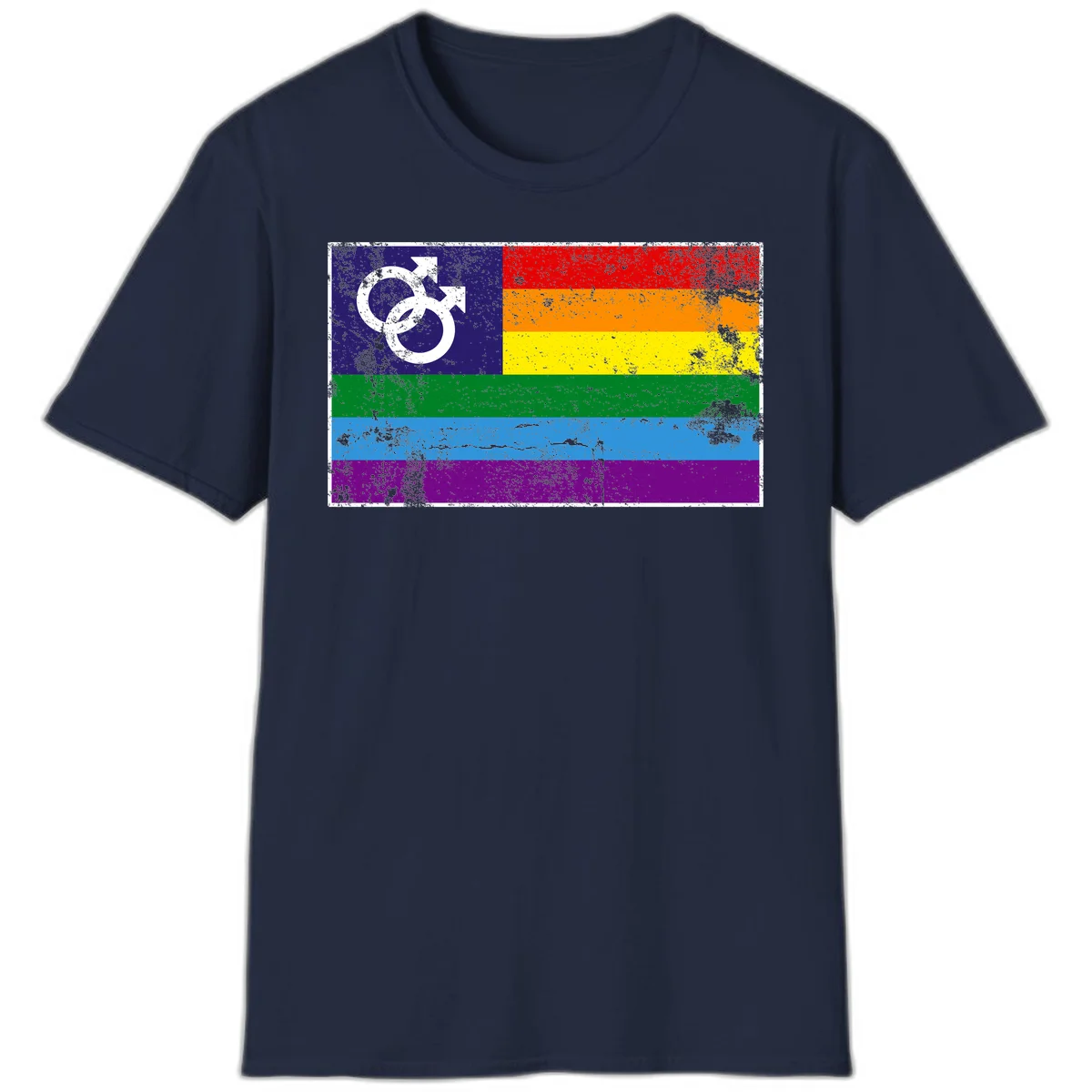 Distressed rainbow pride flag with interlocking male and female gender symbol in white on dark blue section in Navy