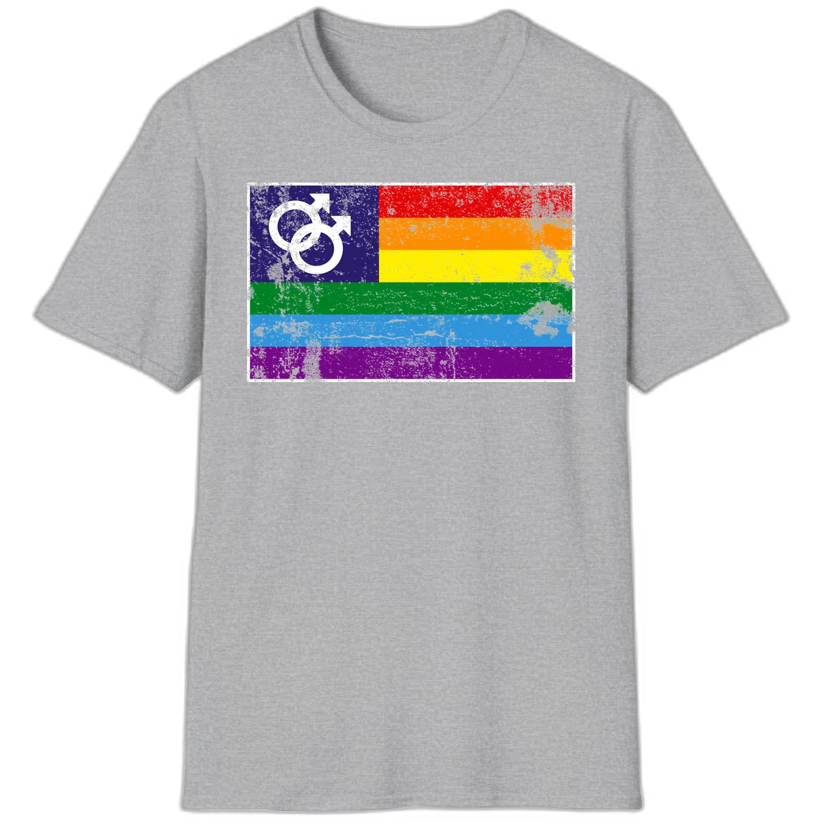 Distressed rainbow pride flag with interlocking male and female gender symbol in white on dark blue section in Sport Grey