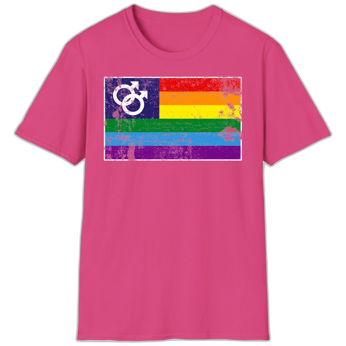 Distressed rainbow pride flag with interlocking male and female gender symbol in white on dark blue section in Heliconia