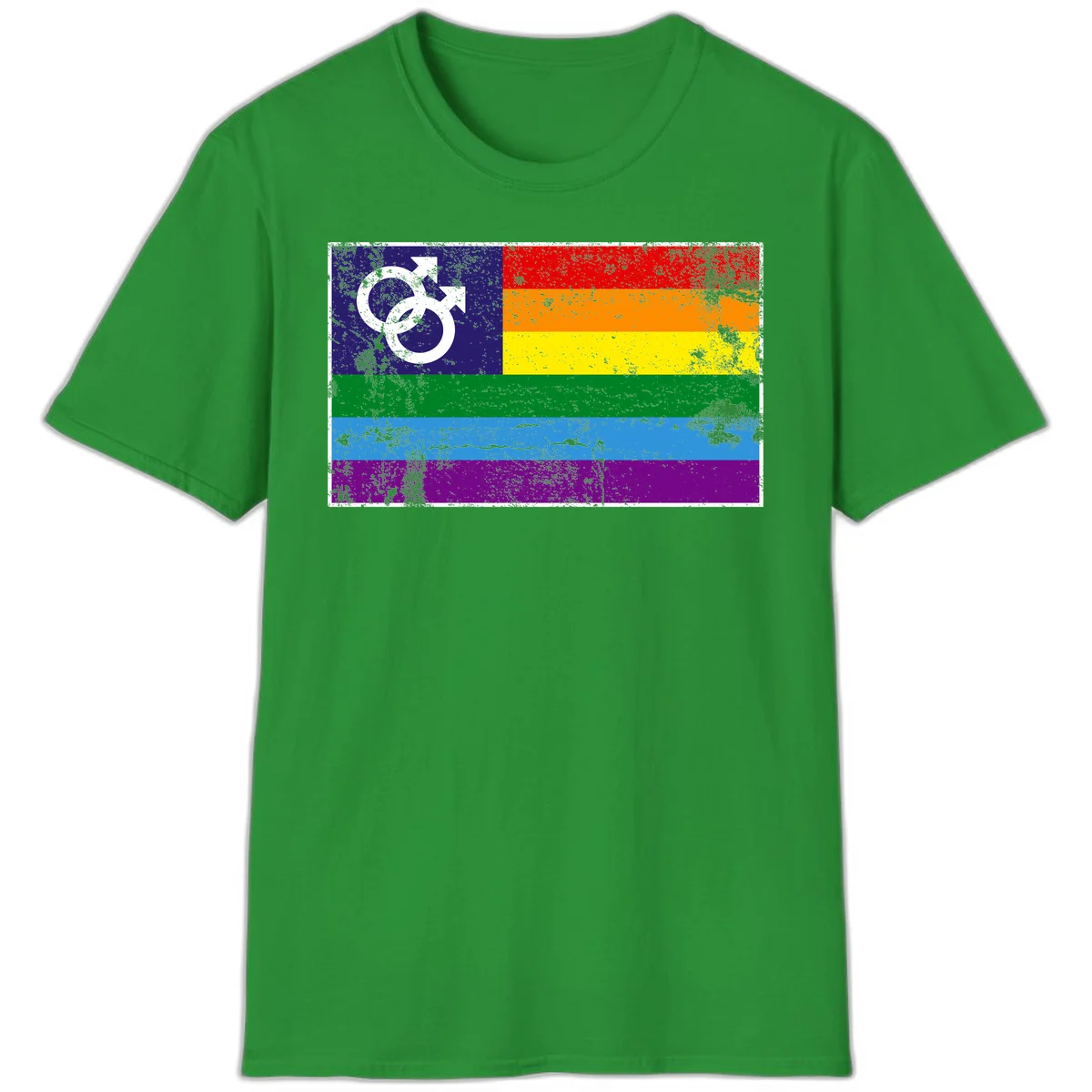 Distressed rainbow pride flag with interlocking male and female gender symbol in white on dark blue section in Irish Green