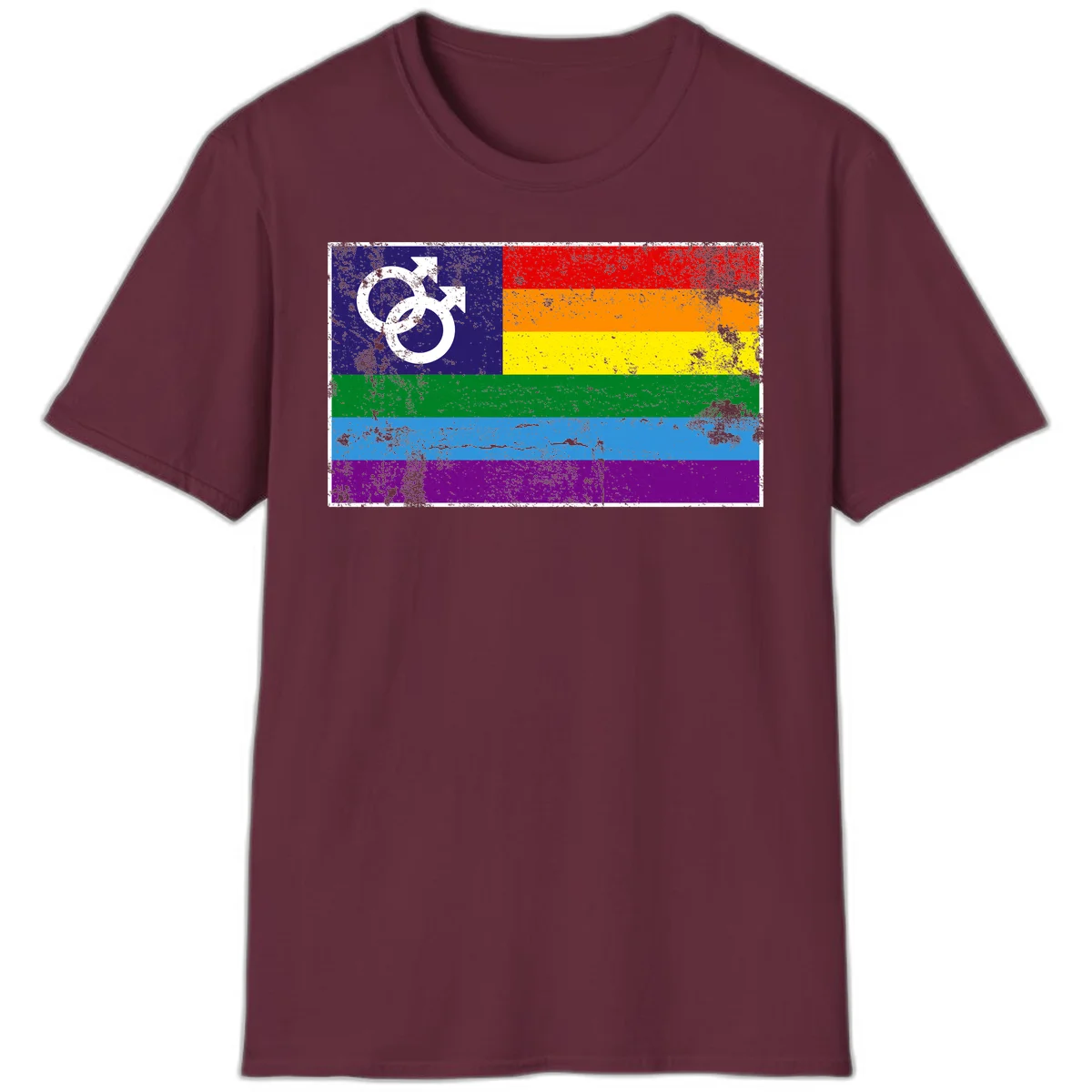 Distressed rainbow pride flag with interlocking male and female gender symbol in white on dark blue section in Maroon