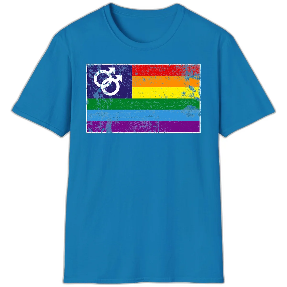 Distressed rainbow pride flag with interlocking male and female gender symbol in white on dark blue section in Sapphire