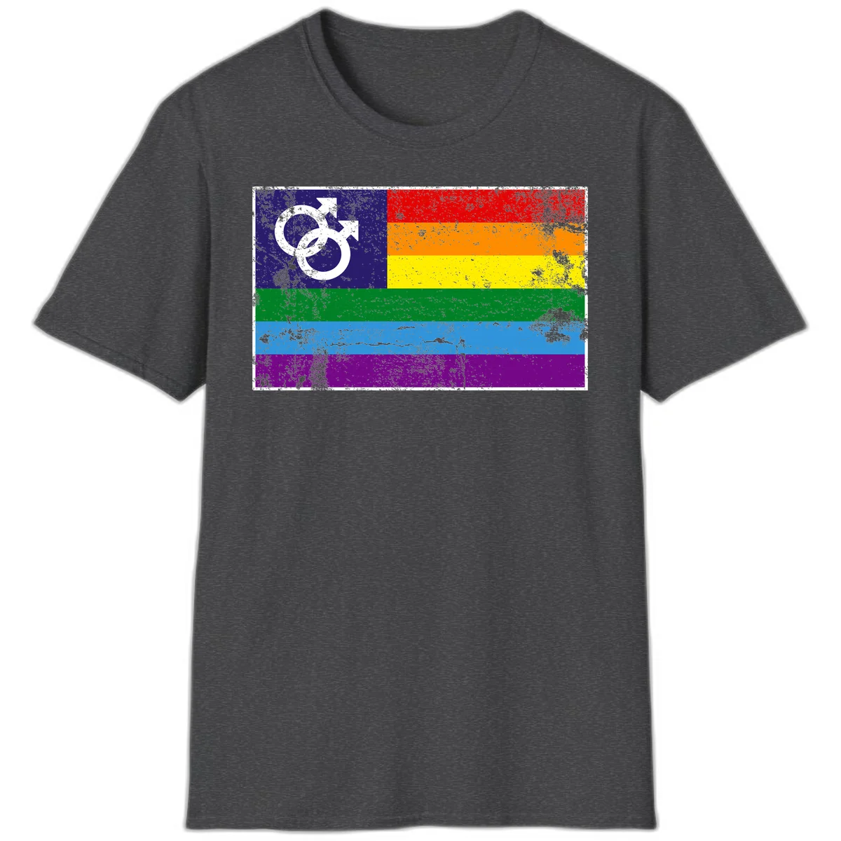 Distressed rainbow pride flag with interlocking male and female gender symbol in white on dark blue section in Dark Heather