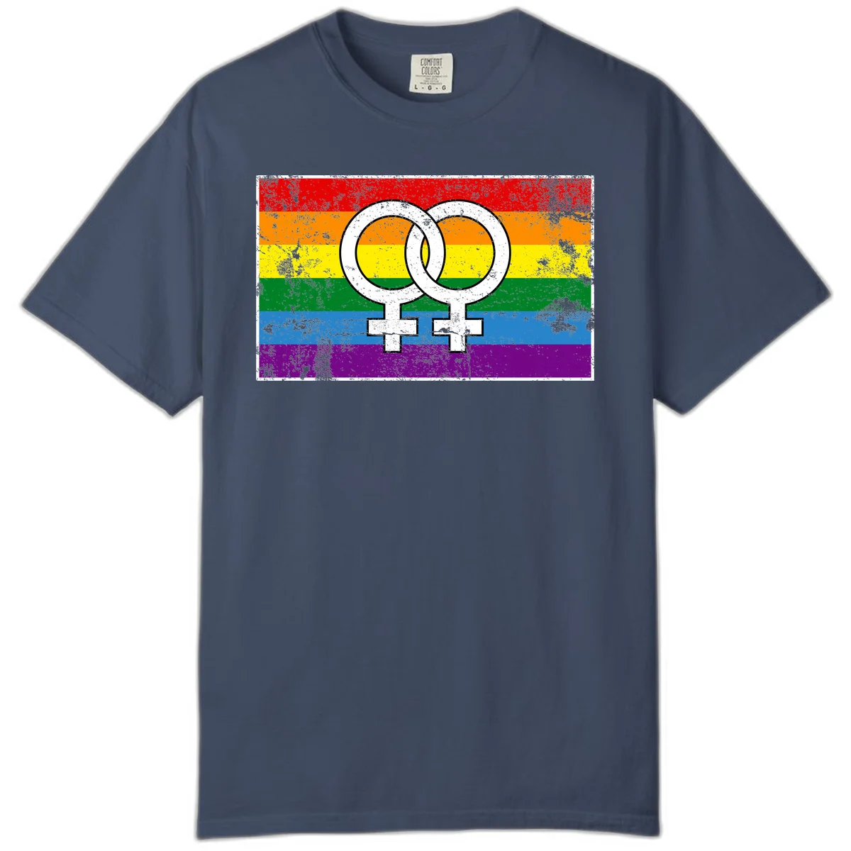 Two interlocking white female symbols on a distressed rainbow pride flag background representing lesbian pride and LGBTQ+ community in Midnight