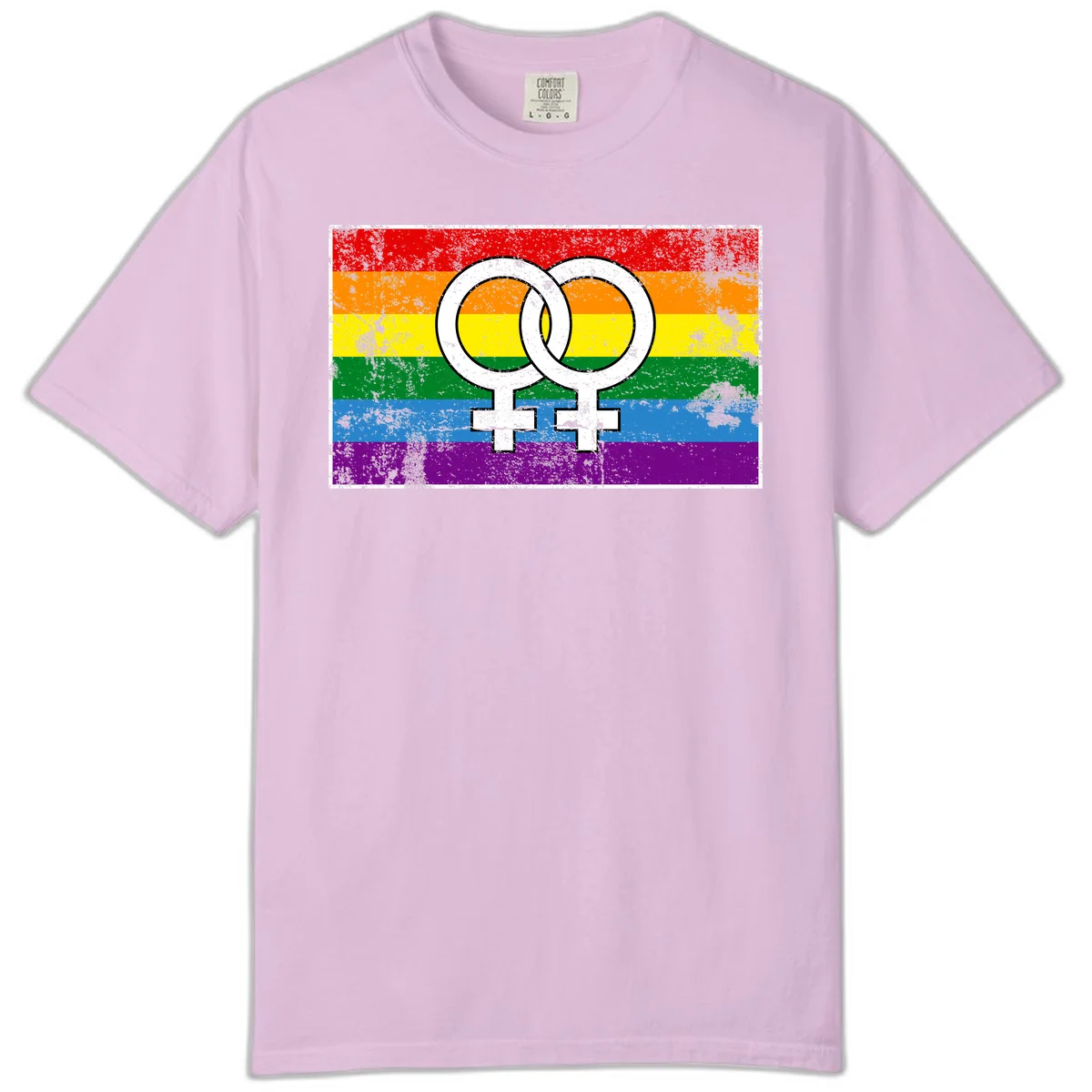 Two interlocking white female symbols on a distressed rainbow pride flag background representing lesbian pride and LGBTQ+ community in Orchid