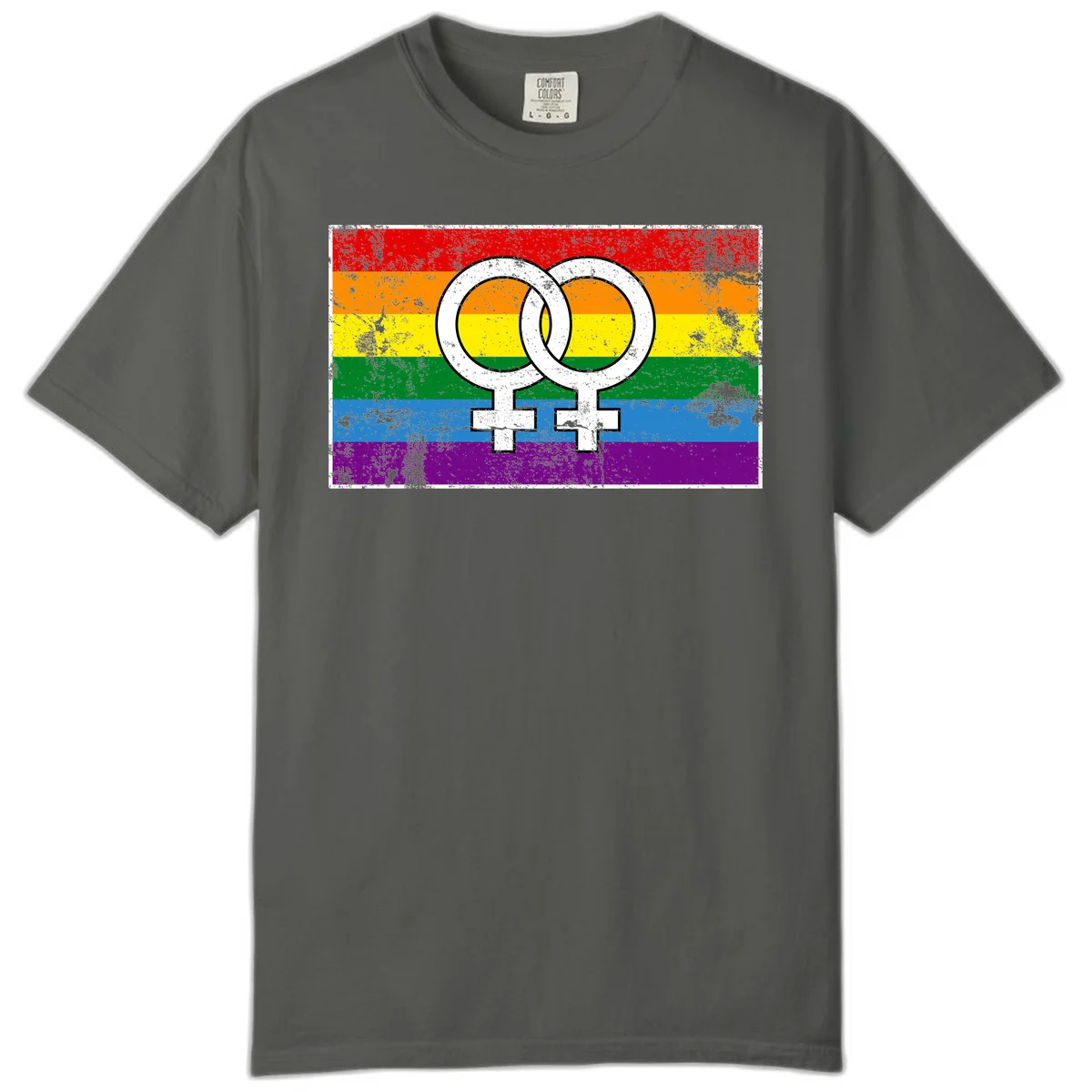 Two interlocking white female symbols on a distressed rainbow pride flag background representing lesbian pride and LGBTQ+ community in Pepper