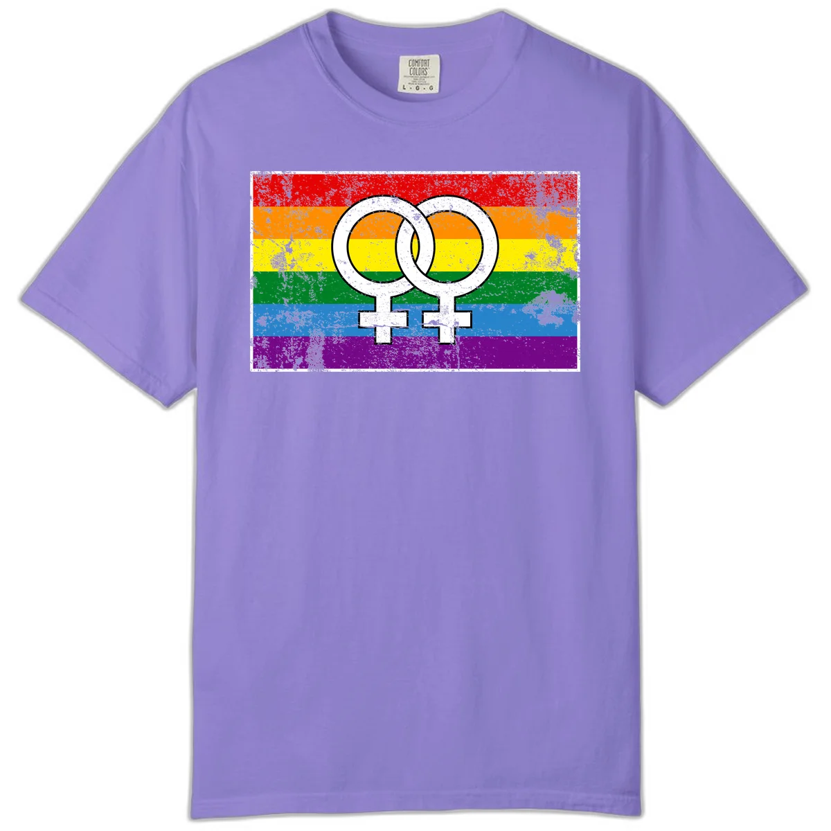 Two interlocking white female symbols on a distressed rainbow pride flag background representing lesbian pride and LGBTQ+ community in Violet