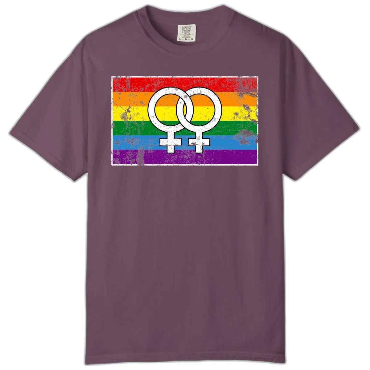 Two interlocking white female symbols on a distressed rainbow pride flag background representing lesbian pride and LGBTQ+ community in Berry