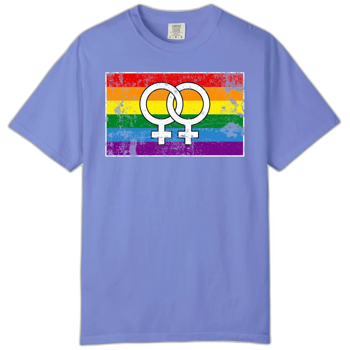 Two interlocking white female symbols on a distressed rainbow pride flag background representing lesbian pride and LGBTQ+ community in Flo Blue