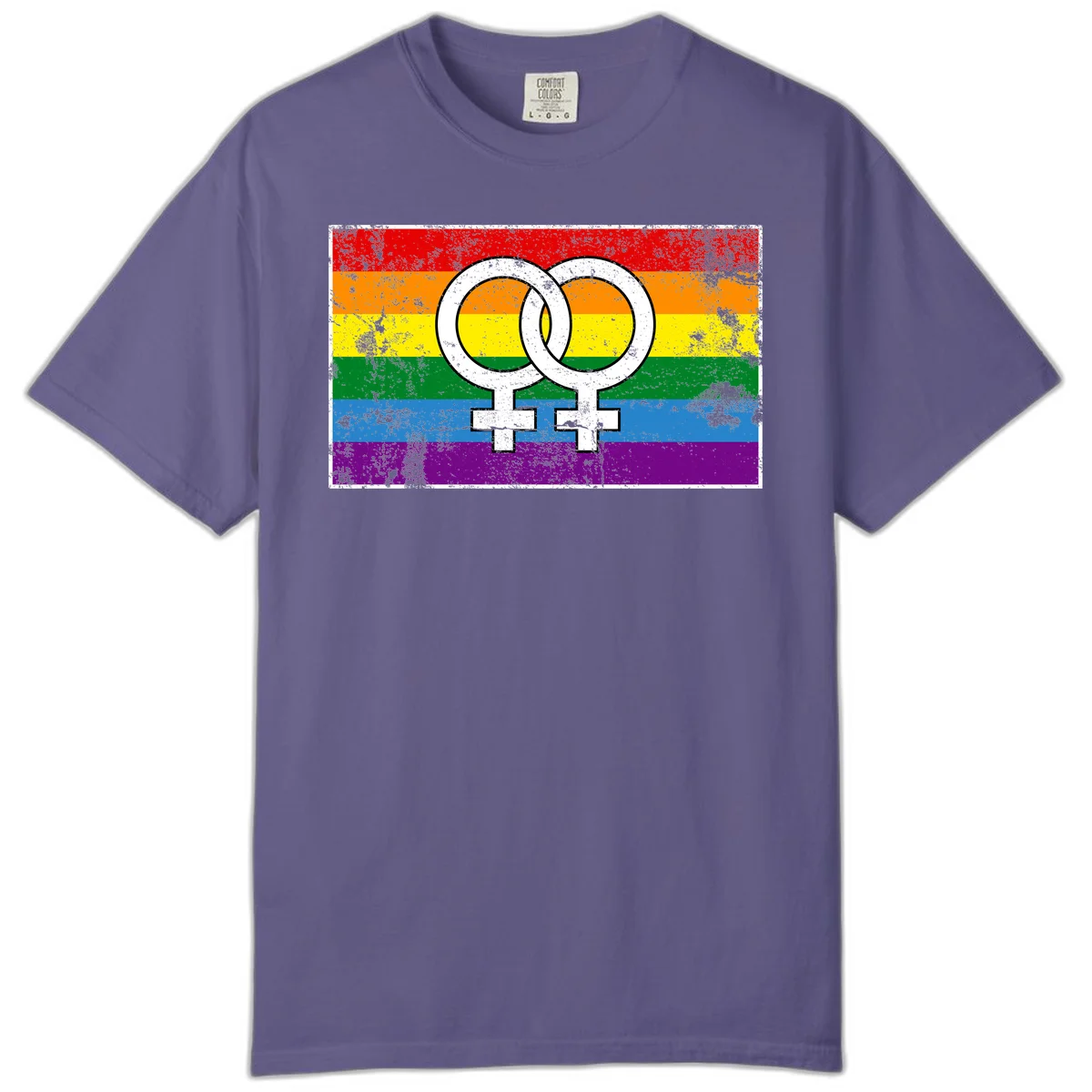 Two interlocking white female symbols on a distressed rainbow pride flag background representing lesbian pride and LGBTQ+ community in Grape