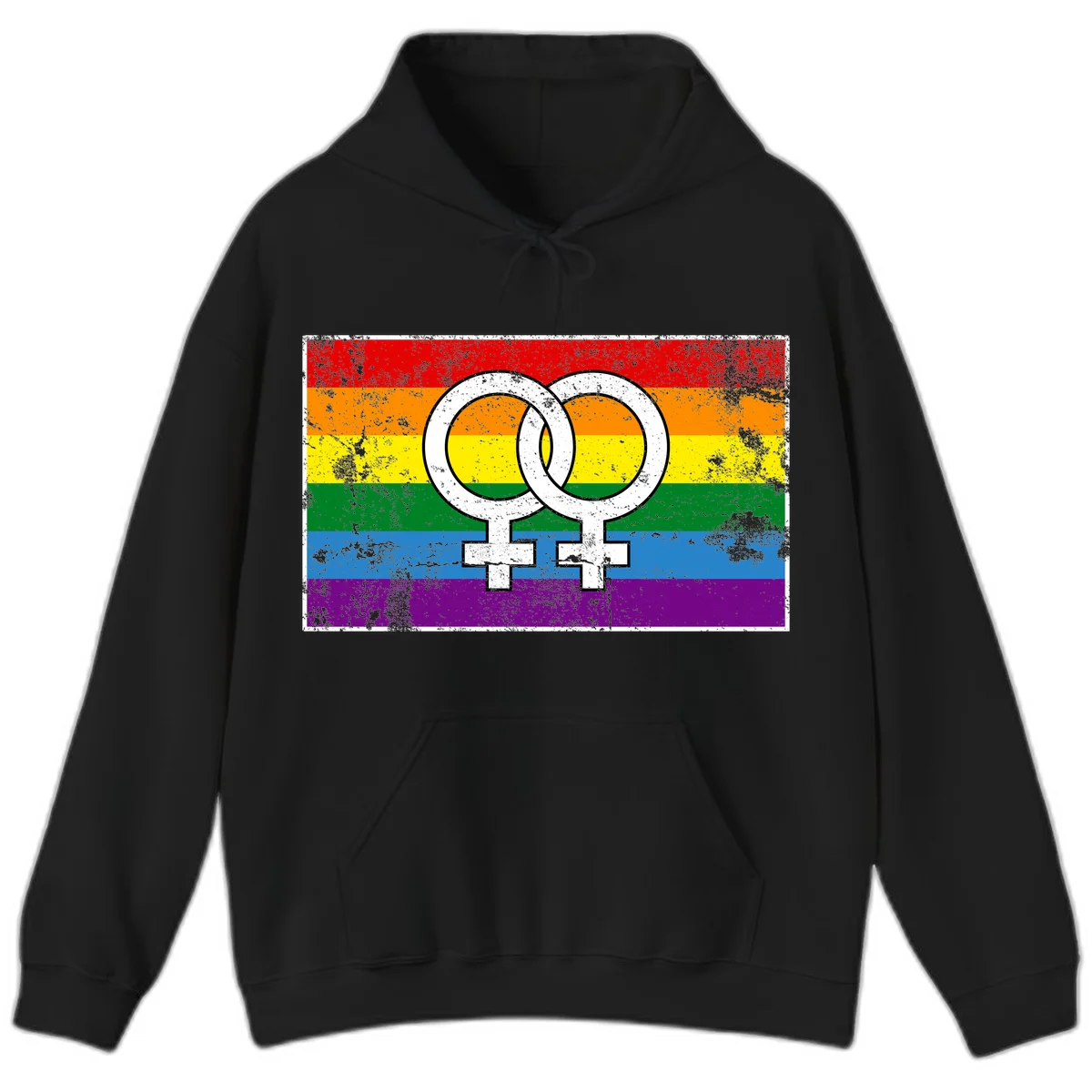 Two interlocking white female symbols on a distressed rainbow pride flag background representing lesbian pride and LGBTQ+ community in Black