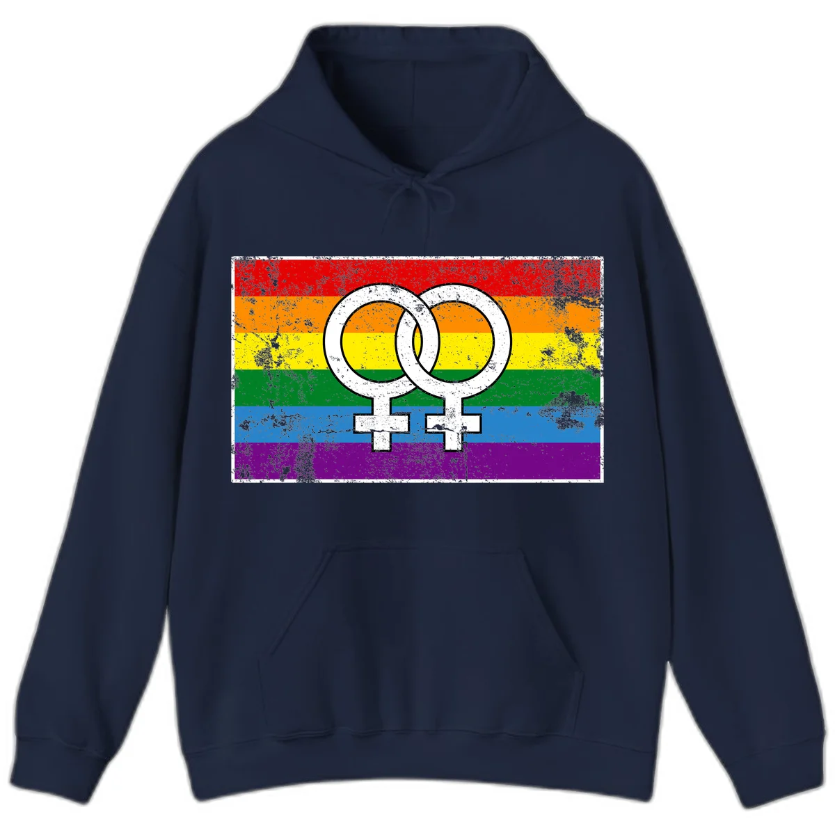 Two interlocking white female symbols on a distressed rainbow pride flag background representing lesbian pride and LGBTQ+ community in Navy
