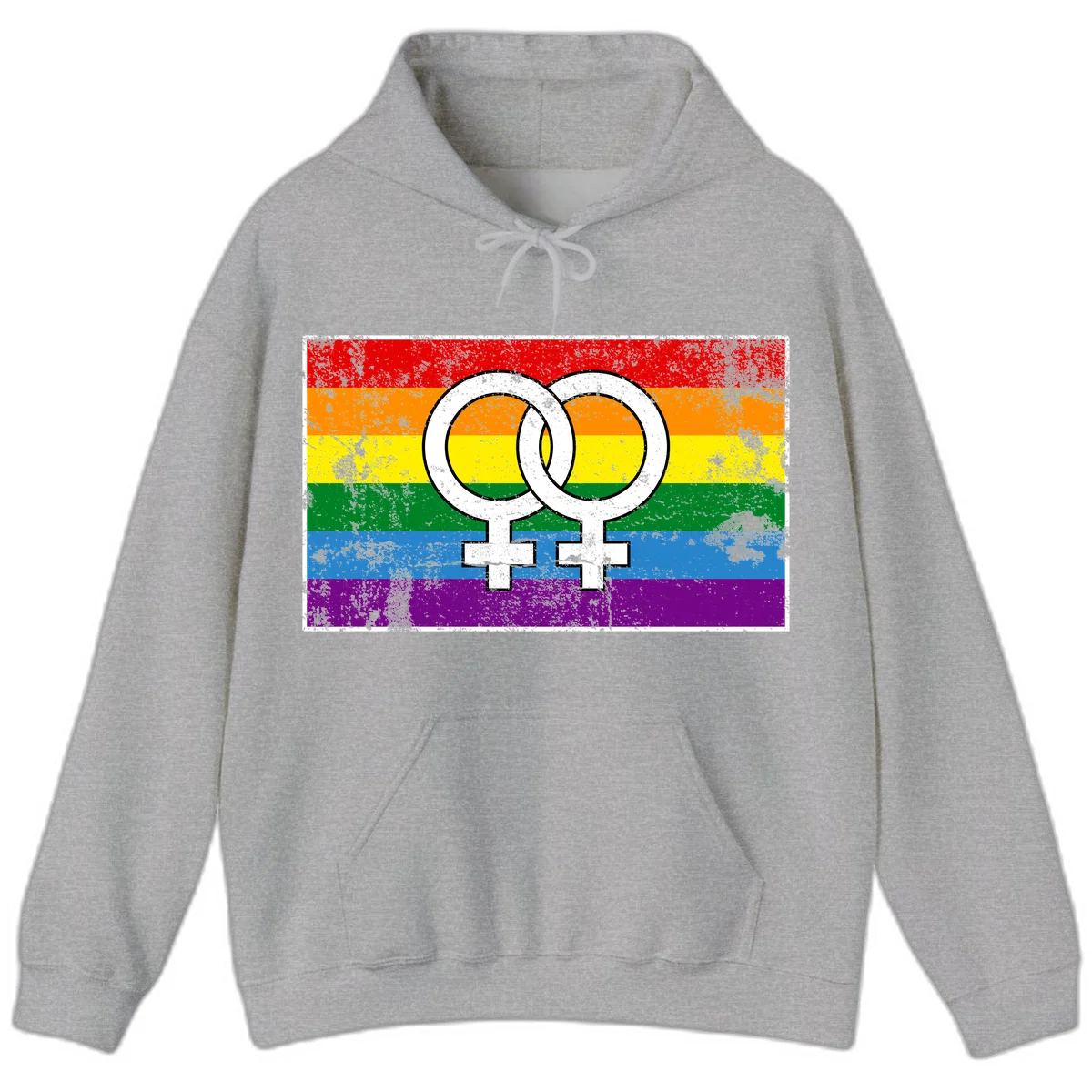 Two interlocking white female symbols on a distressed rainbow pride flag background representing lesbian pride and LGBTQ+ community in Sport Grey