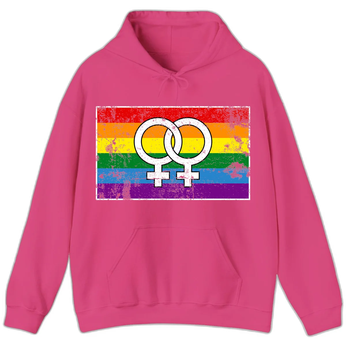 Two interlocking white female symbols on a distressed rainbow pride flag background representing lesbian pride and LGBTQ+ community in Heliconia