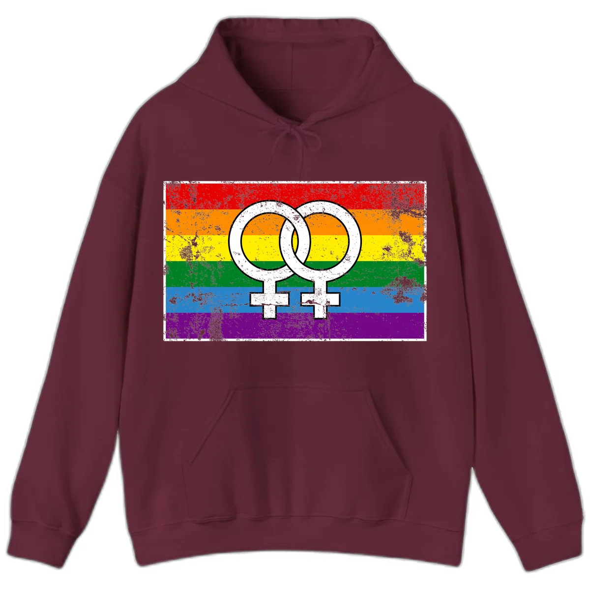 Two interlocking white female symbols on a distressed rainbow pride flag background representing lesbian pride and LGBTQ+ community in Maroon