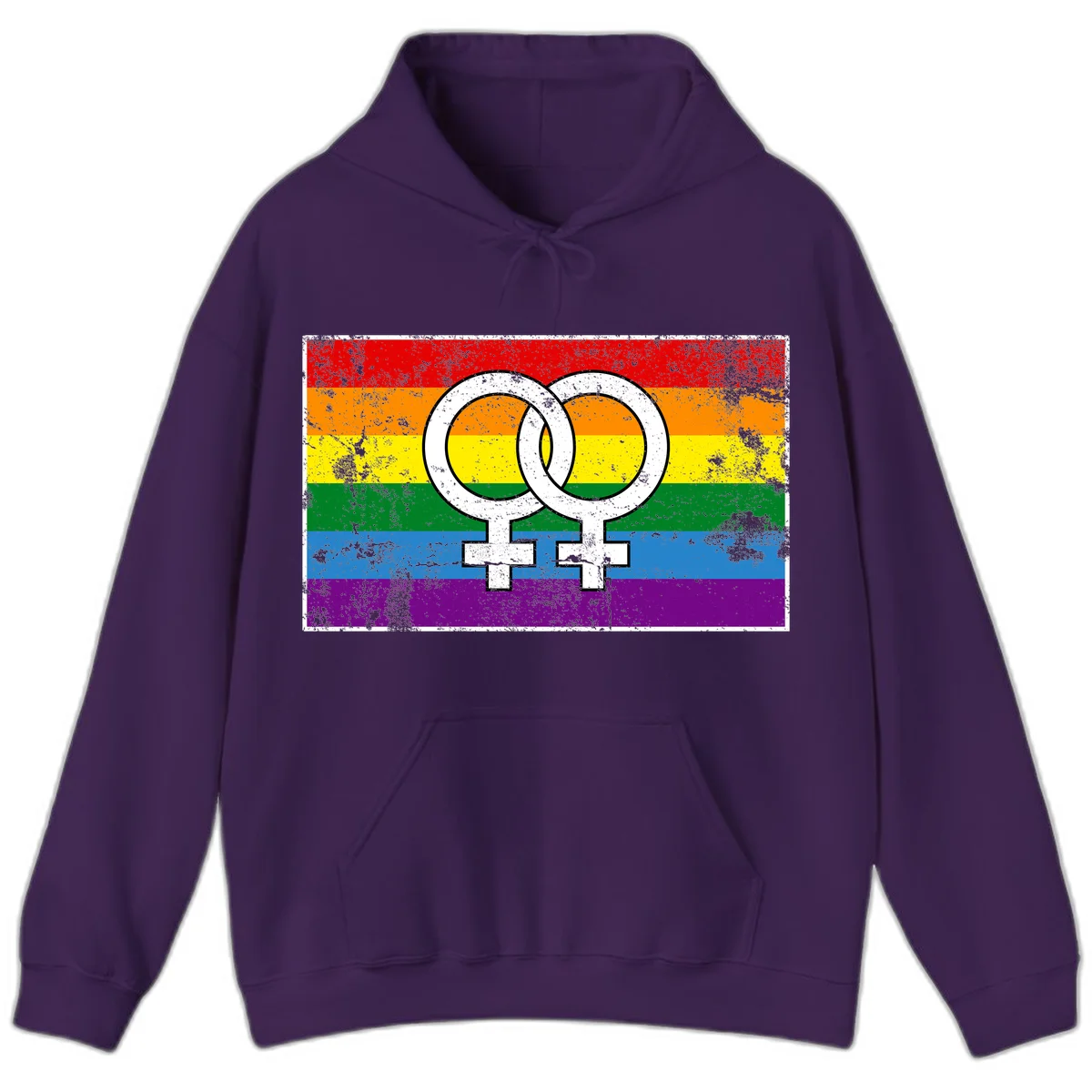 Two interlocking white female symbols on a distressed rainbow pride flag background representing lesbian pride and LGBTQ+ community in Purple