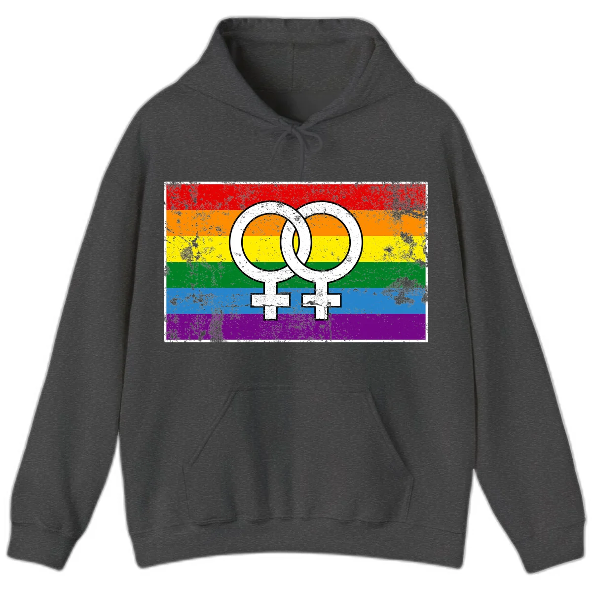 Two interlocking white female symbols on a distressed rainbow pride flag background representing lesbian pride and LGBTQ+ community in Dark Heather