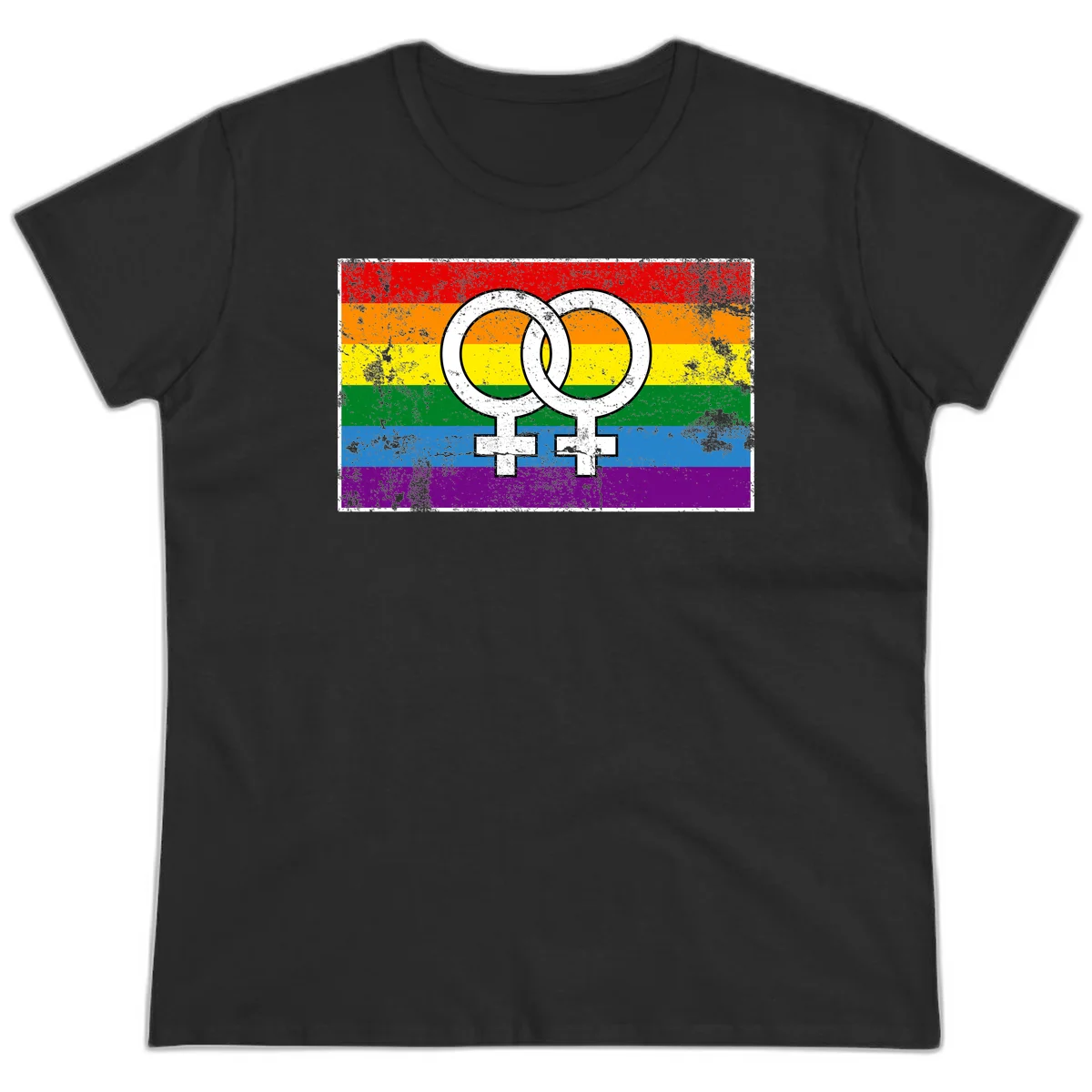 Two interlocking white female symbols on a distressed rainbow pride flag background representing lesbian pride and LGBTQ+ community in Black