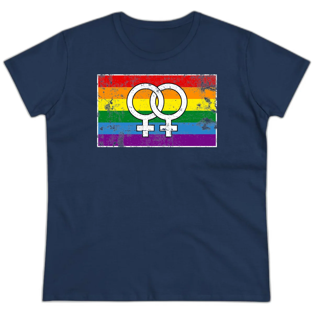 Two interlocking white female symbols on a distressed rainbow pride flag background representing lesbian pride and LGBTQ+ community in Navy