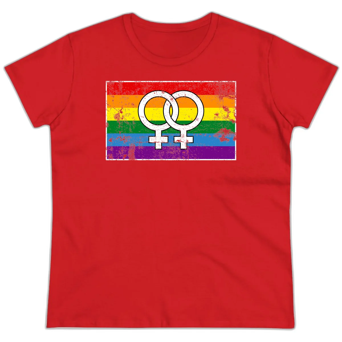 Two interlocking white female symbols on a distressed rainbow pride flag background representing lesbian pride and LGBTQ+ community in Red