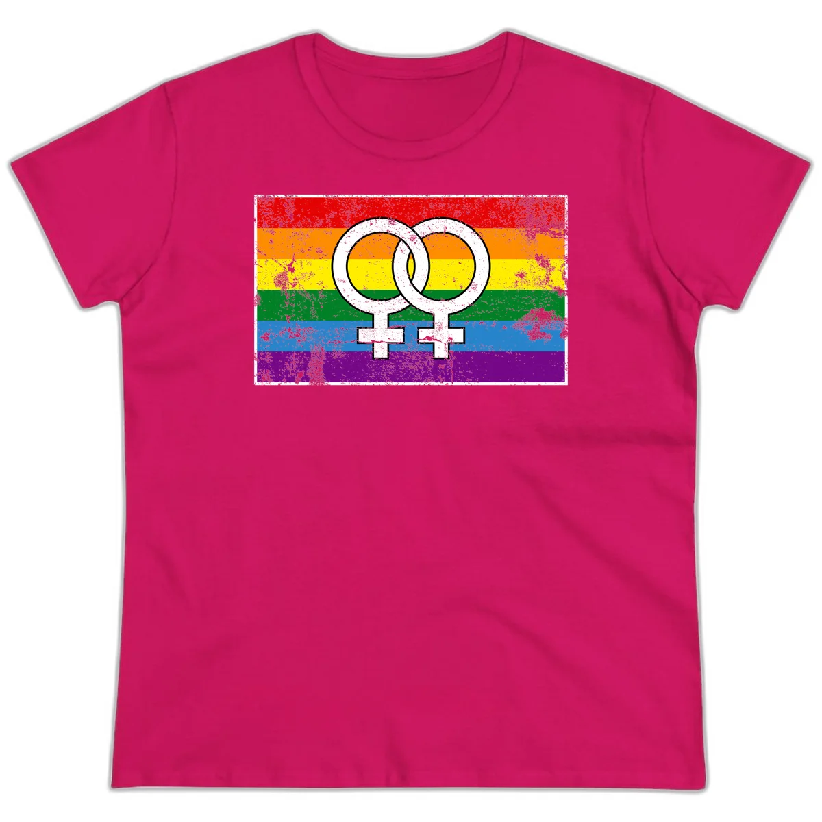 Two interlocking white female symbols on a distressed rainbow pride flag background representing lesbian pride and LGBTQ+ community in Heliconia