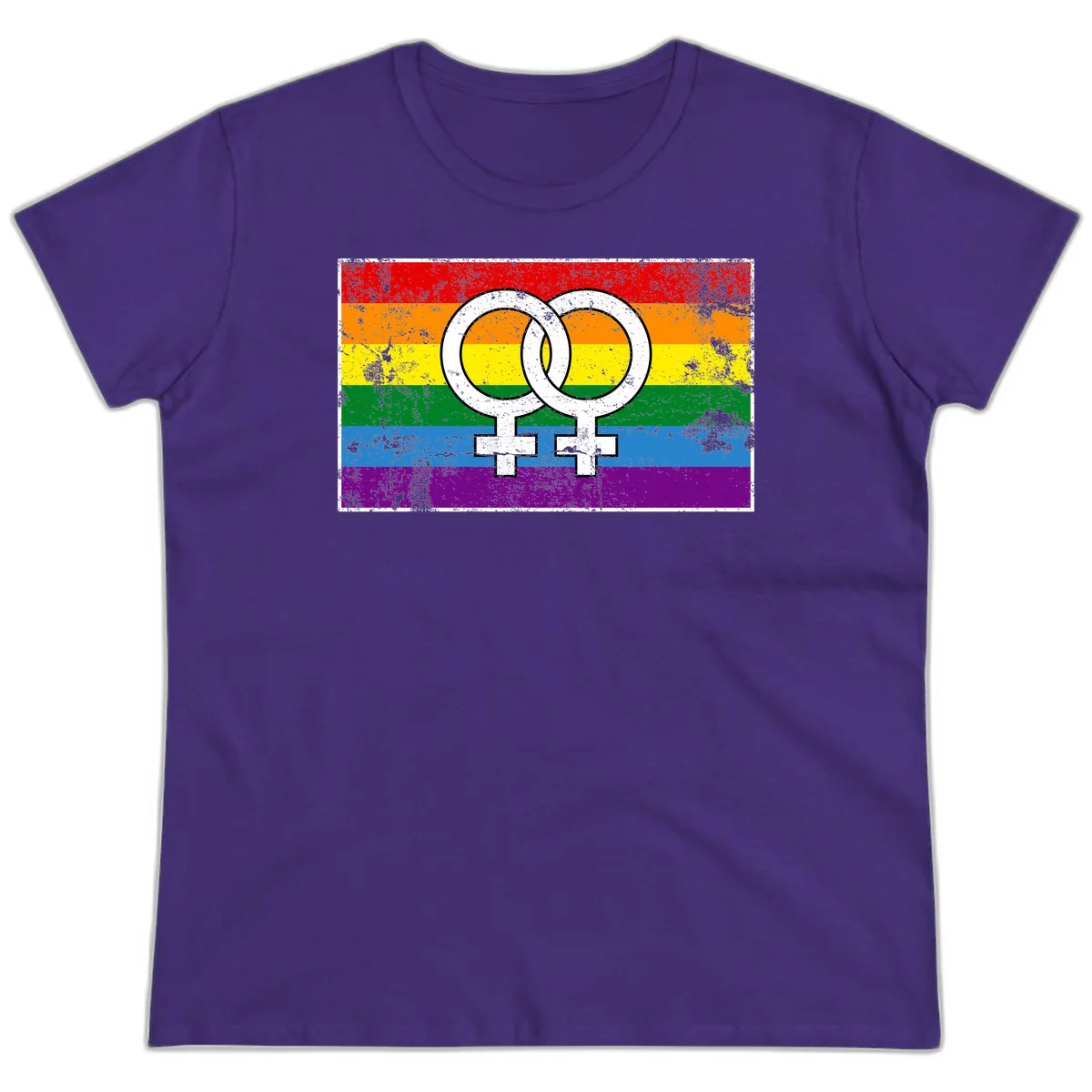 Two interlocking white female symbols on a distressed rainbow pride flag background representing lesbian pride and LGBTQ+ community in Purple