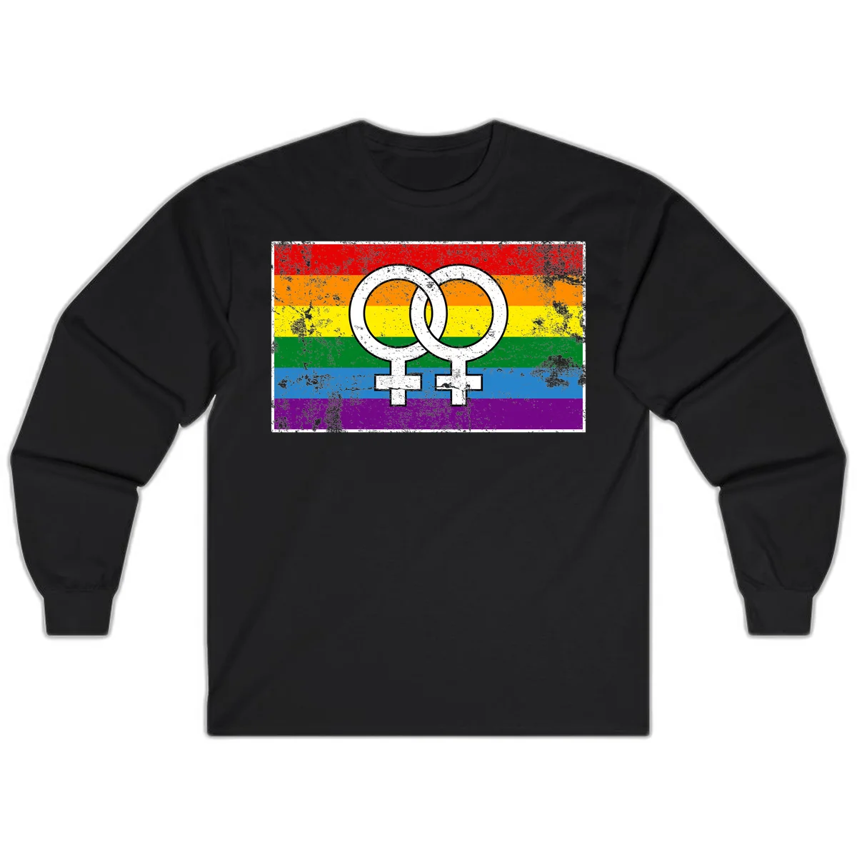 Two interlocking white female symbols on a distressed rainbow pride flag background representing lesbian pride and LGBTQ+ community in Black
