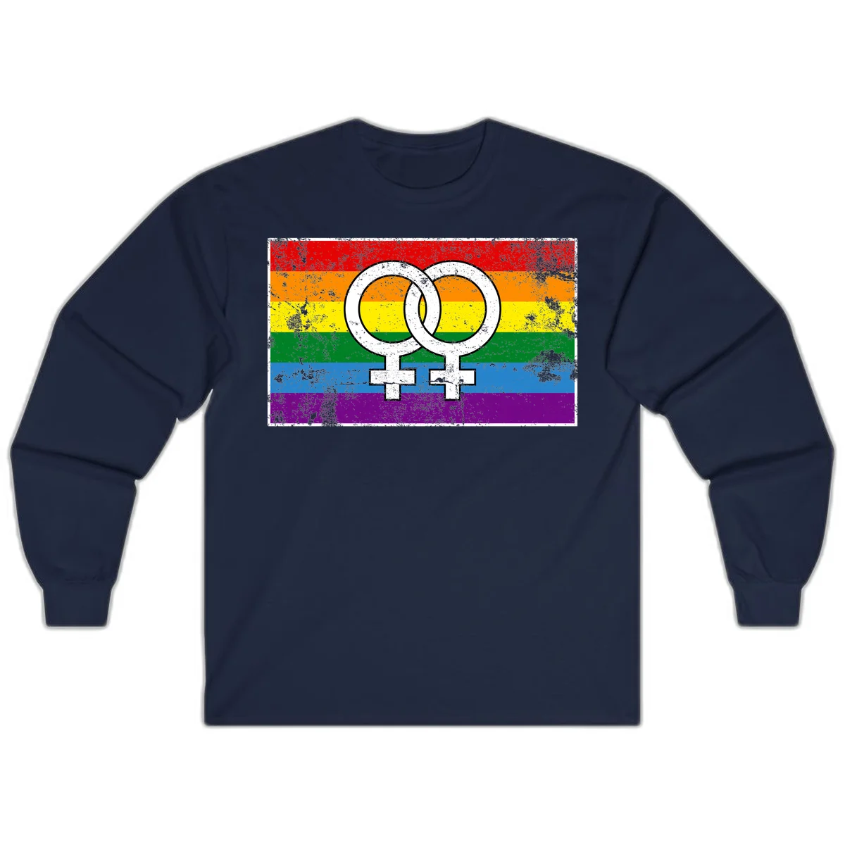 Two interlocking white female symbols on a distressed rainbow pride flag background representing lesbian pride and LGBTQ+ community in Navy