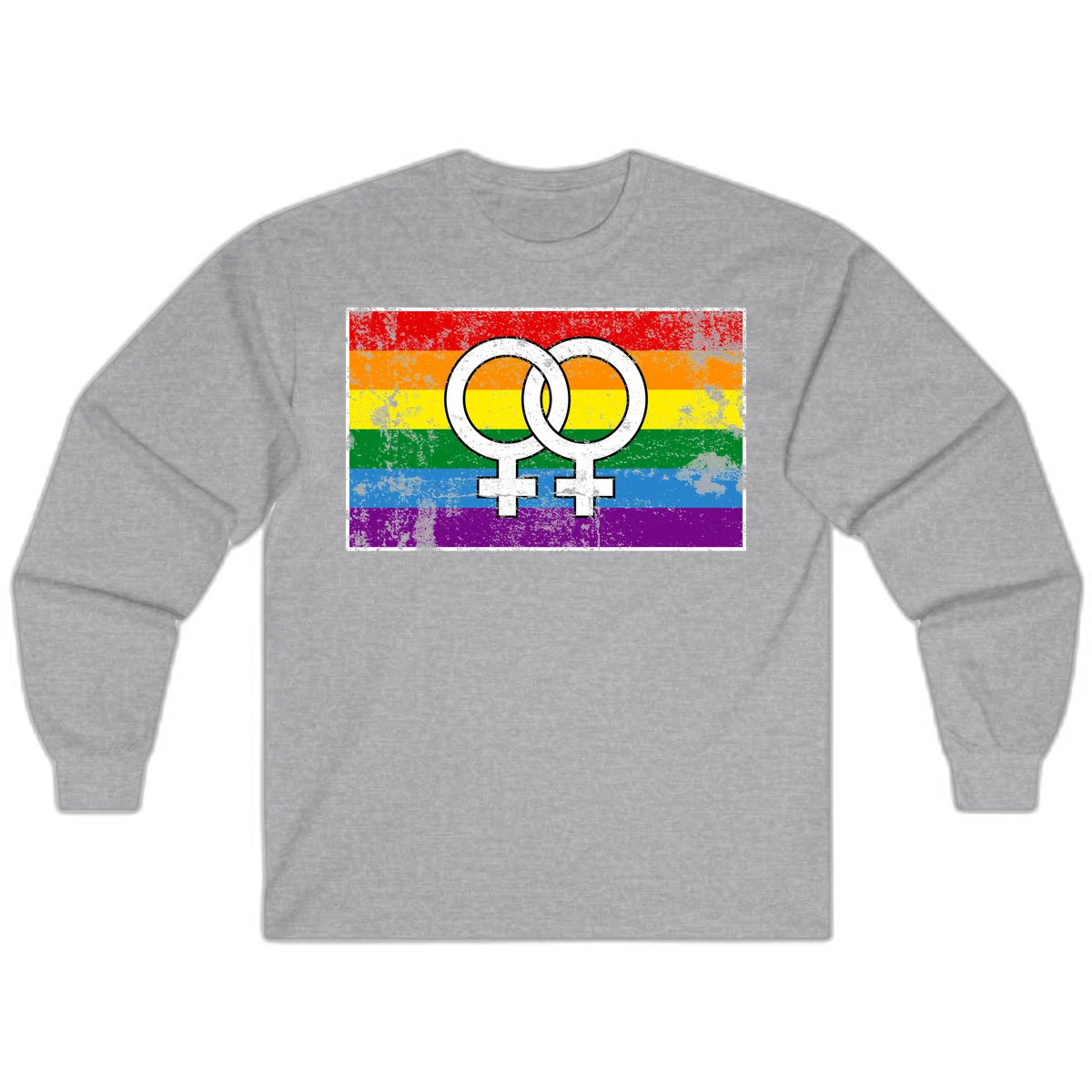 Two interlocking white female symbols on a distressed rainbow pride flag background representing lesbian pride and LGBTQ+ community in Sport Grey