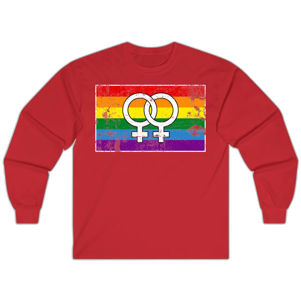 Two interlocking white female symbols on a distressed rainbow pride flag background representing lesbian pride and LGBTQ+ community in Red