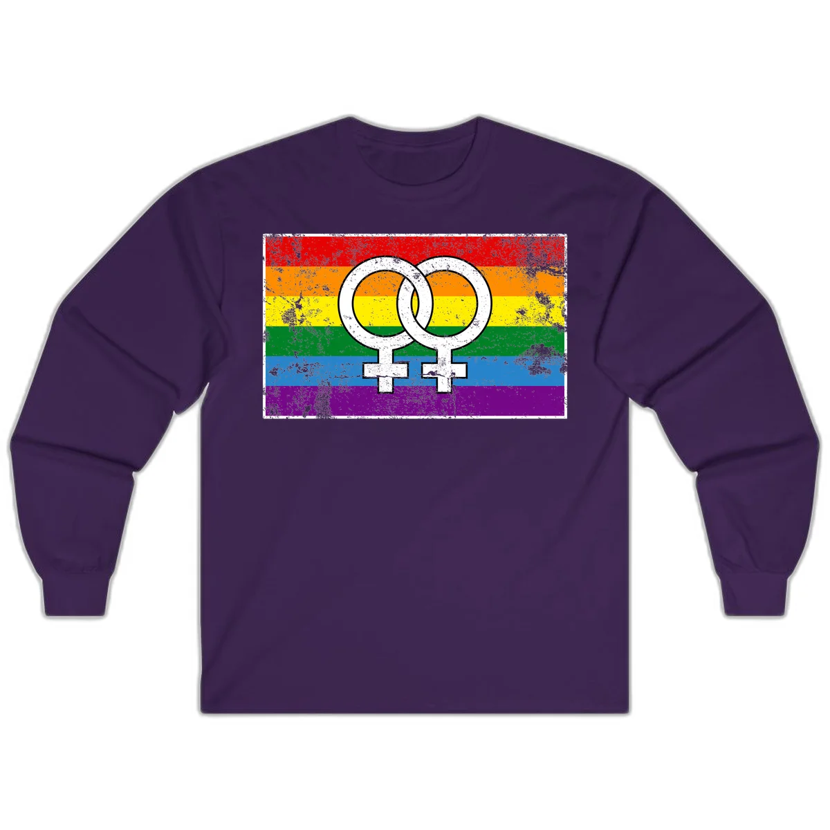 Two interlocking white female symbols on a distressed rainbow pride flag background representing lesbian pride and LGBTQ+ community in Purple