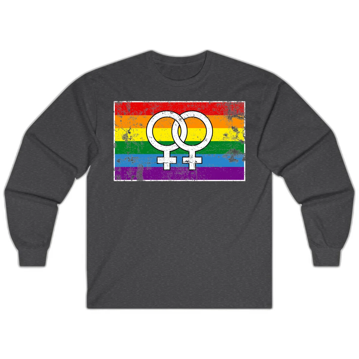 Two interlocking white female symbols on a distressed rainbow pride flag background representing lesbian pride and LGBTQ+ community in Dark Heather