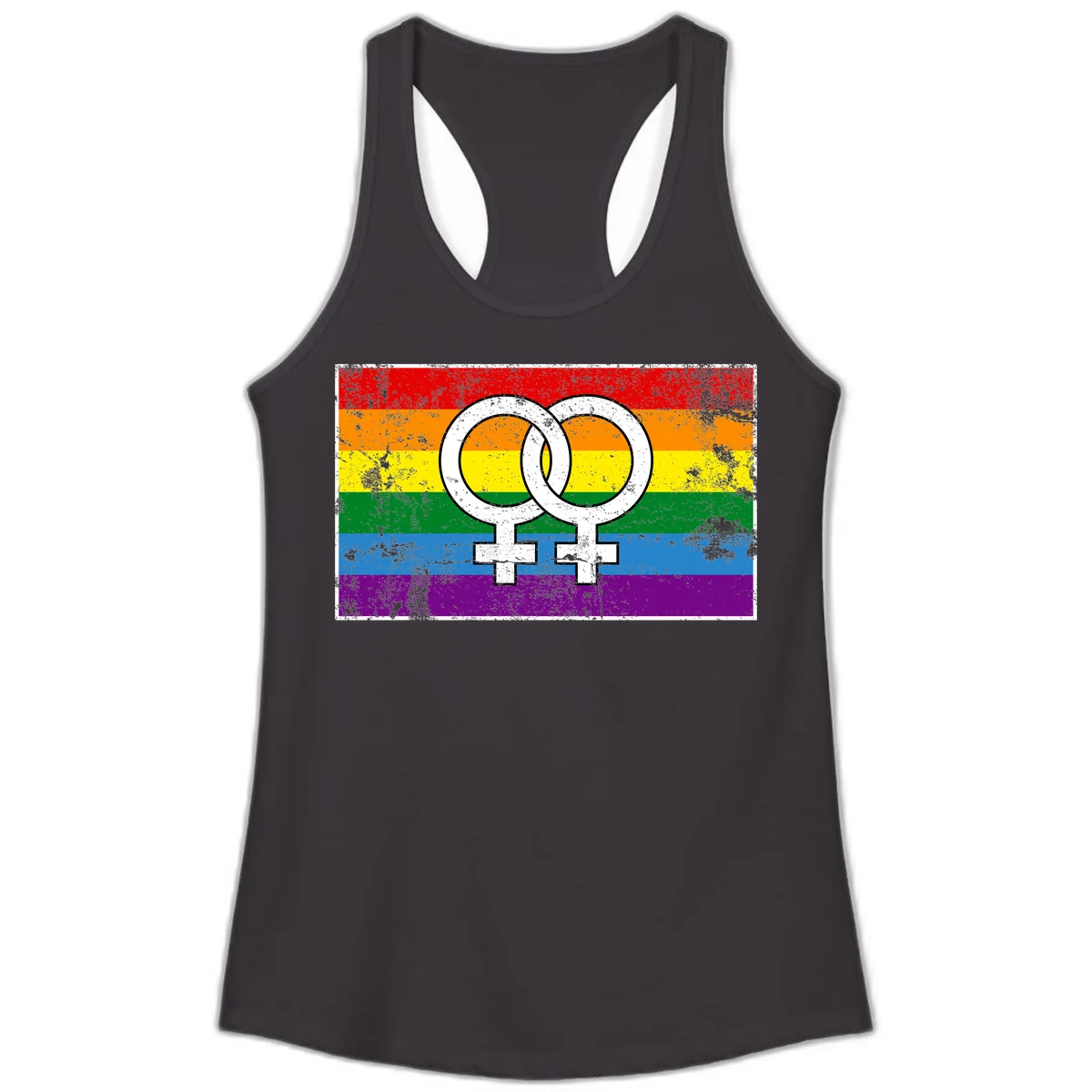 Two interlocking white female symbols on a distressed rainbow pride flag background representing lesbian pride and LGBTQ+ community in Black
