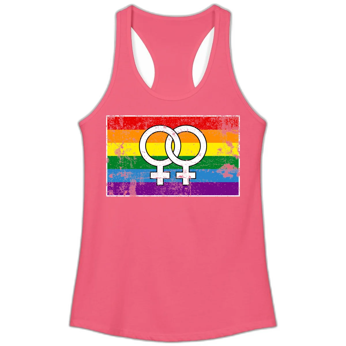 Two interlocking white female symbols on a distressed rainbow pride flag background representing lesbian pride and LGBTQ+ community in Hot Pink