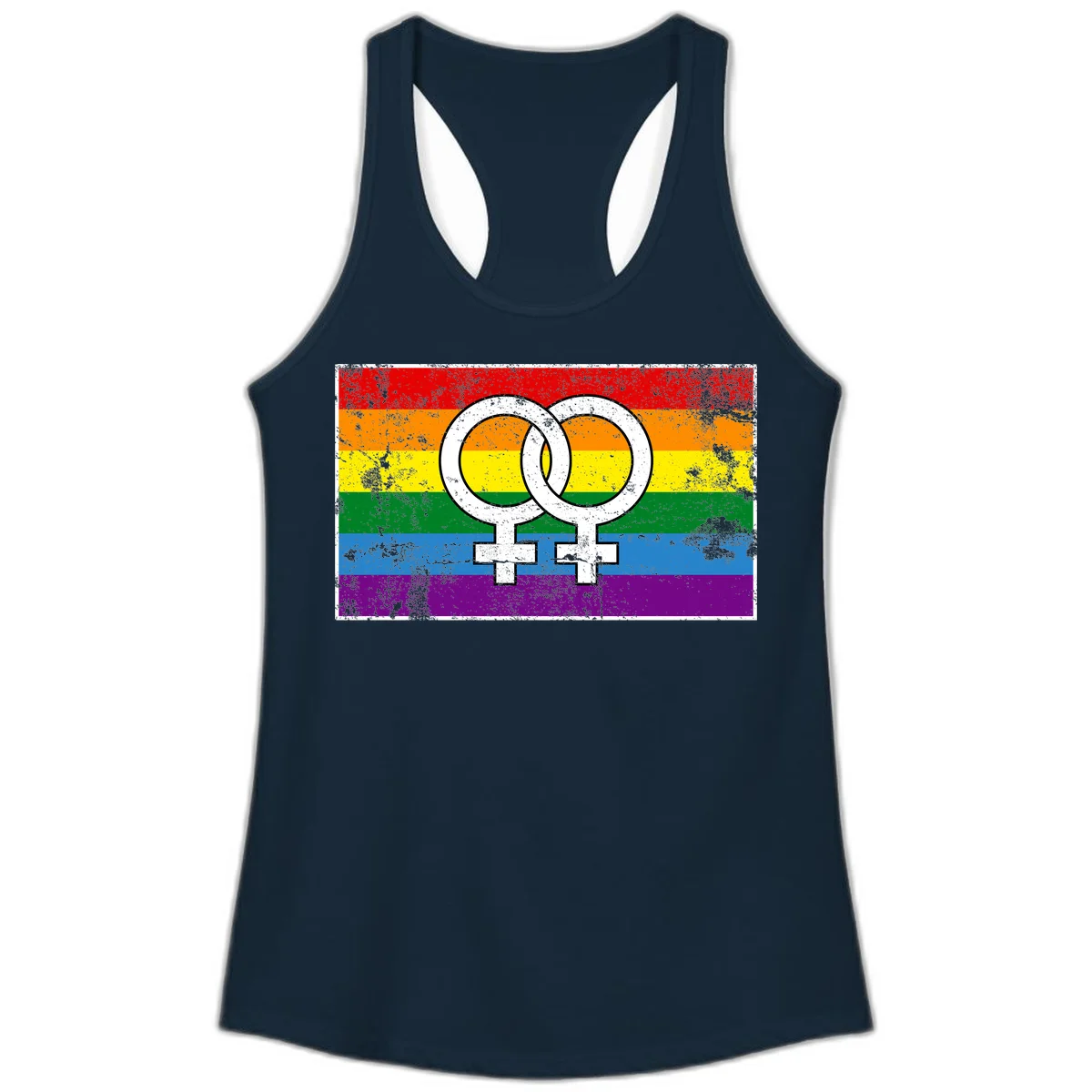 Two interlocking white female symbols on a distressed rainbow pride flag background representing lesbian pride and LGBTQ+ community in Solid Midnight Navy