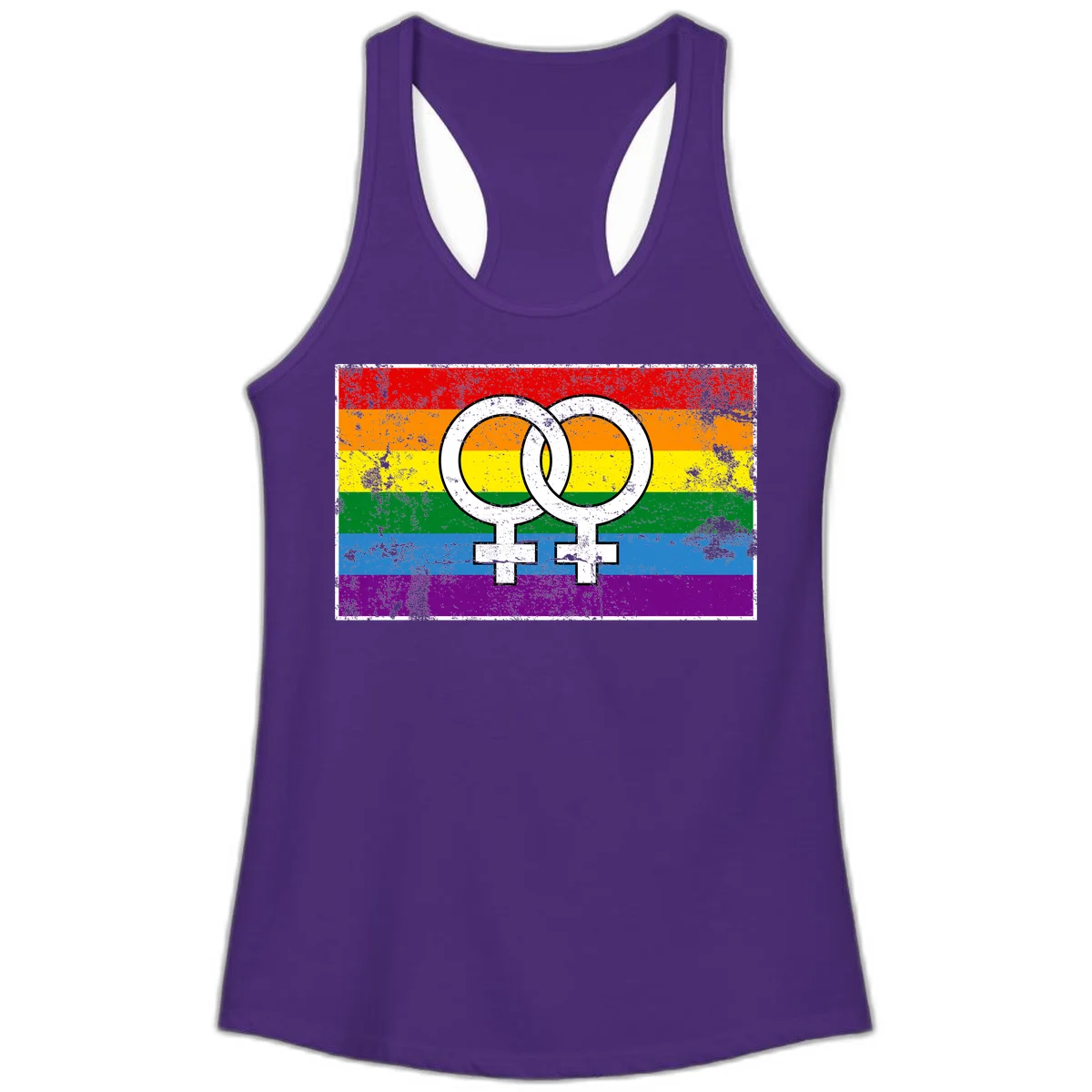 Two interlocking white female symbols on a distressed rainbow pride flag background representing lesbian pride and LGBTQ+ community in Solid Purple Rush