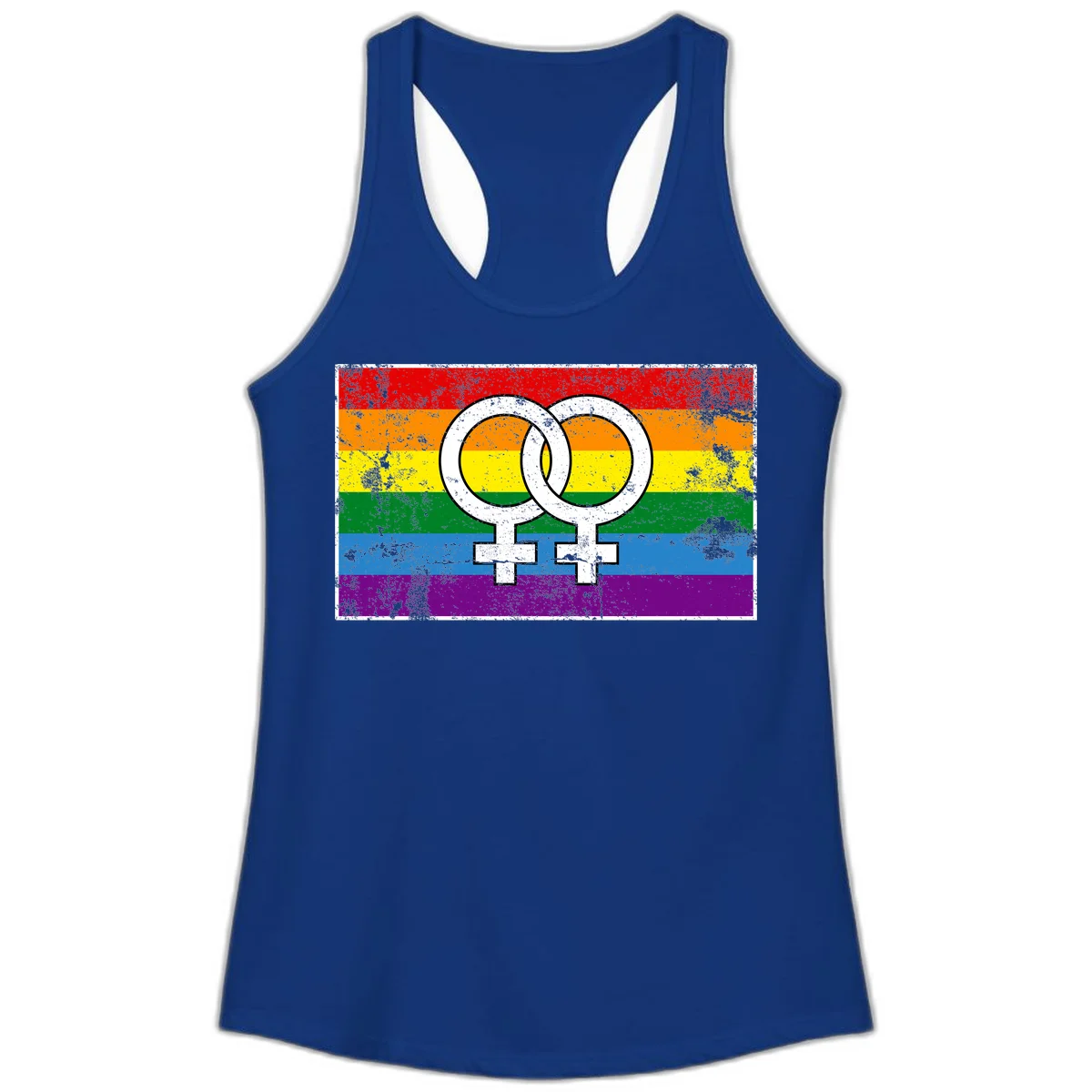 Two interlocking white female symbols on a distressed rainbow pride flag background representing lesbian pride and LGBTQ+ community in Solid Royal