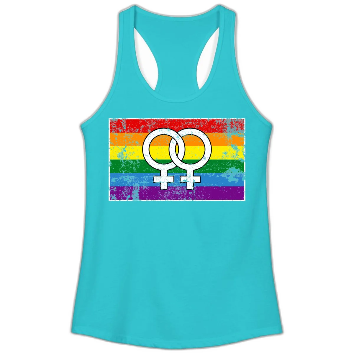 Two interlocking white female symbols on a distressed rainbow pride flag background representing lesbian pride and LGBTQ+ community in Solid Tahiti Blue