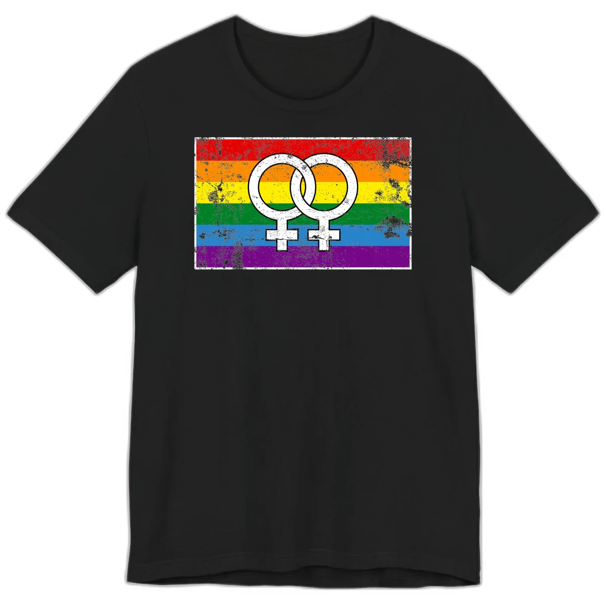 Two interlocking white female symbols on a distressed rainbow pride flag background representing lesbian pride and LGBTQ+ community in Black