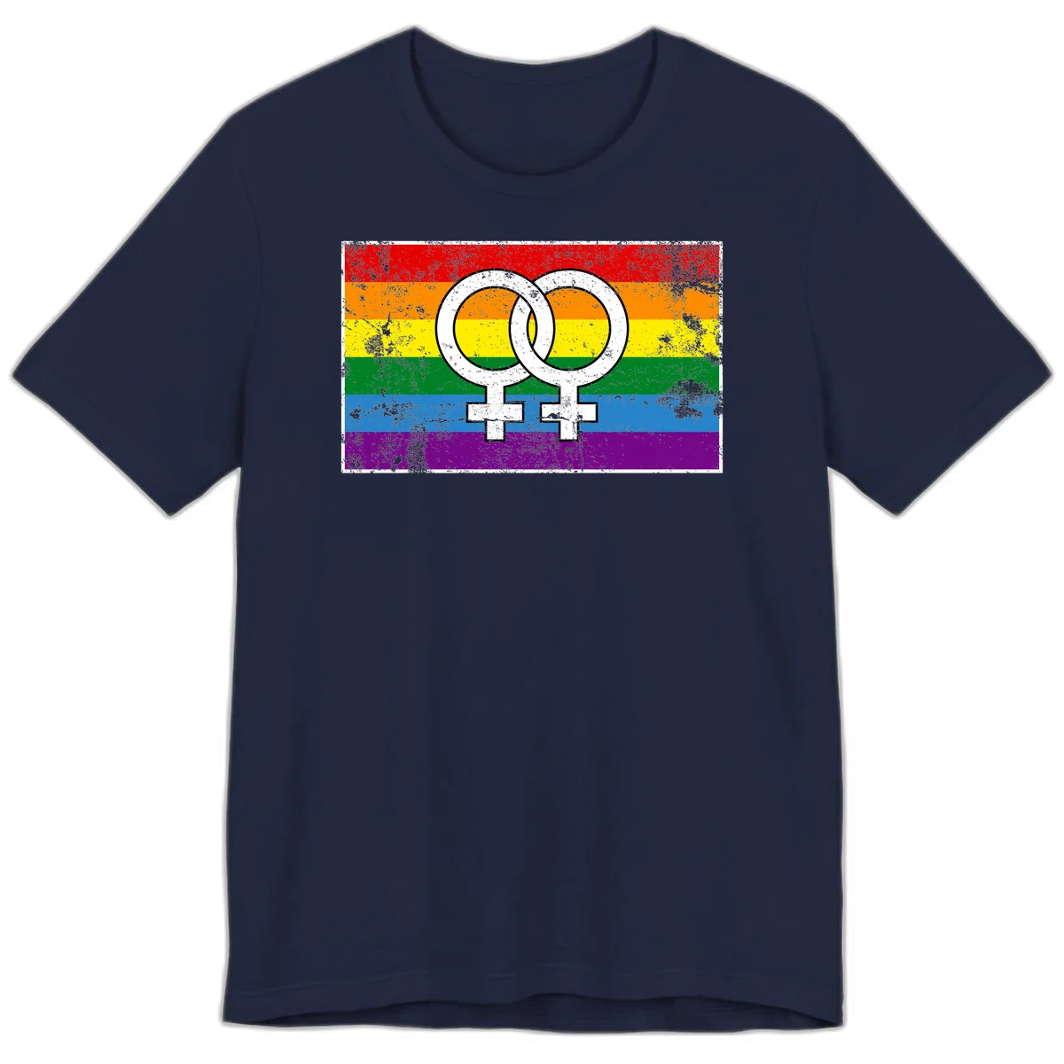 Two interlocking white female symbols on a distressed rainbow pride flag background representing lesbian pride and LGBTQ+ community in Navy
