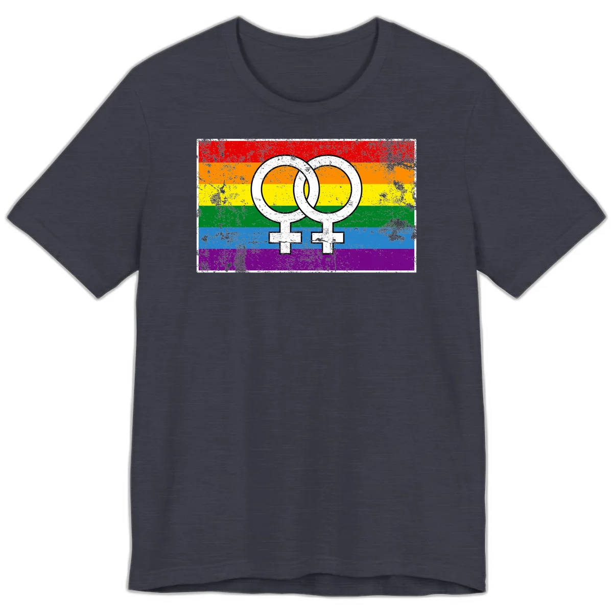 Two interlocking white female symbols on a distressed rainbow pride flag background representing lesbian pride and LGBTQ+ community in Heather Midnight Navy