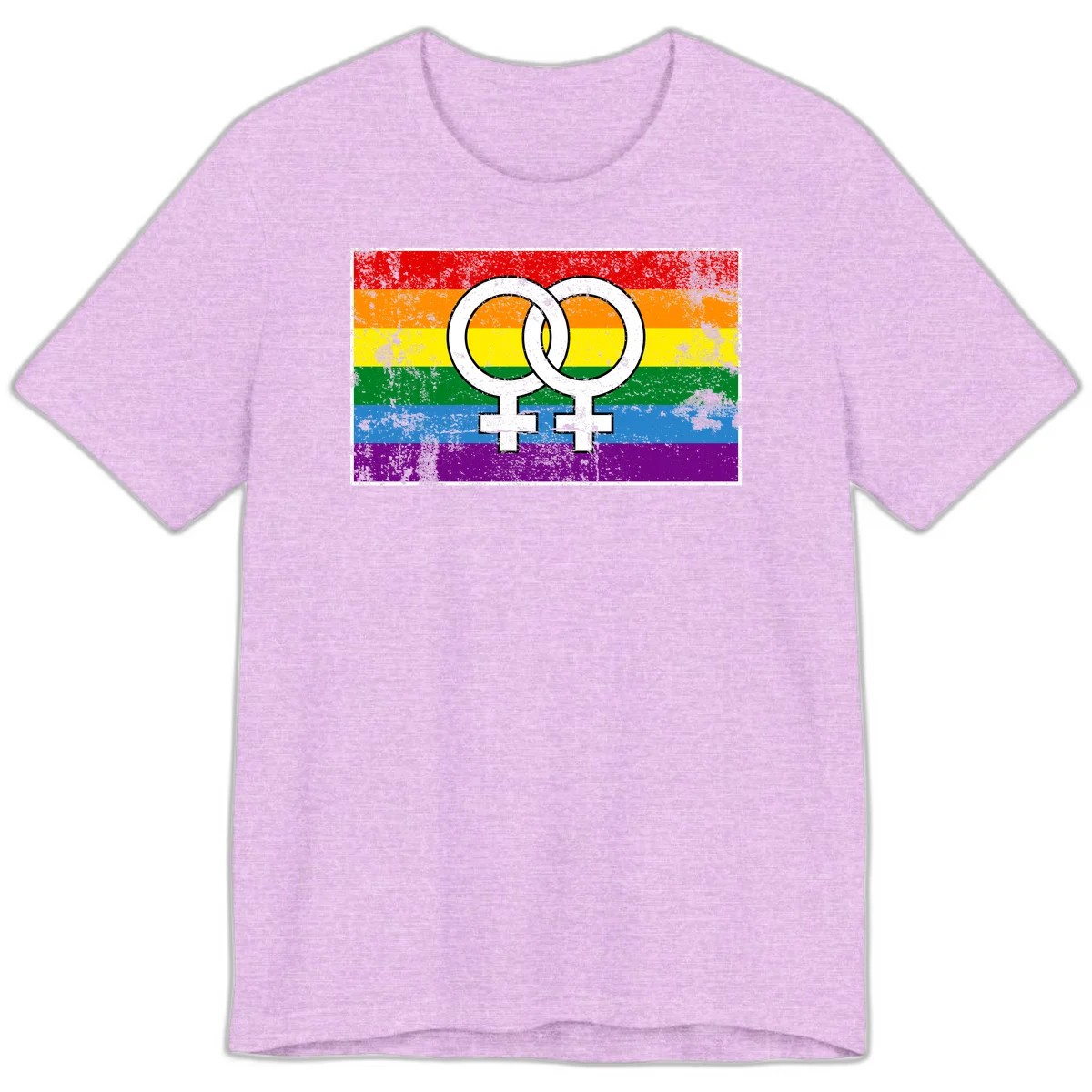 Two interlocking white female symbols on a distressed rainbow pride flag background representing lesbian pride and LGBTQ+ community in Heather Prism Lilac