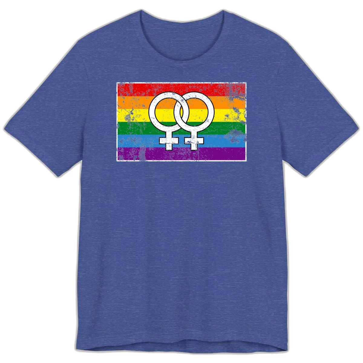 Two interlocking white female symbols on a distressed rainbow pride flag background representing lesbian pride and LGBTQ+ community in Heather True Royal