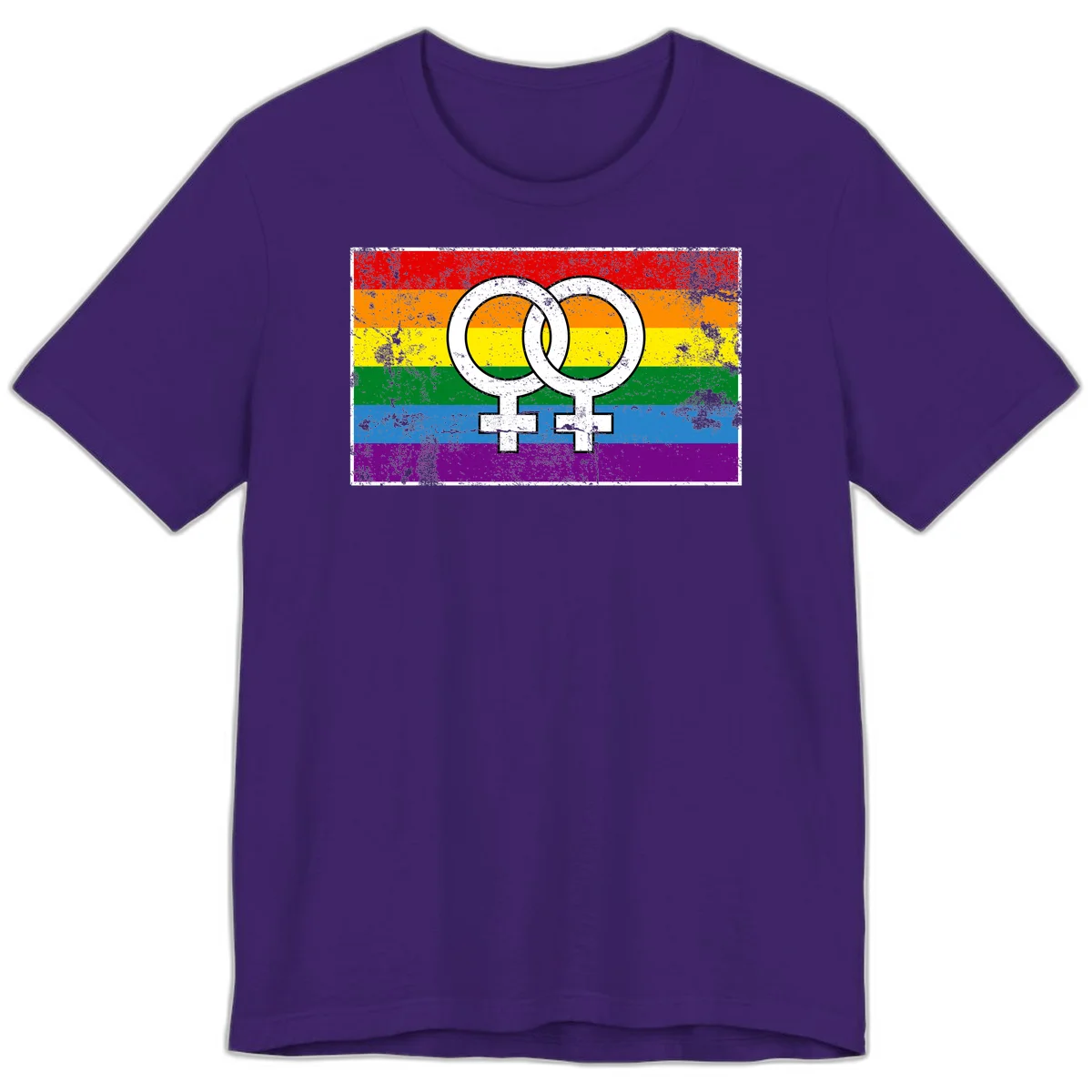 Two interlocking white female symbols on a distressed rainbow pride flag background representing lesbian pride and LGBTQ+ community in Team Purple