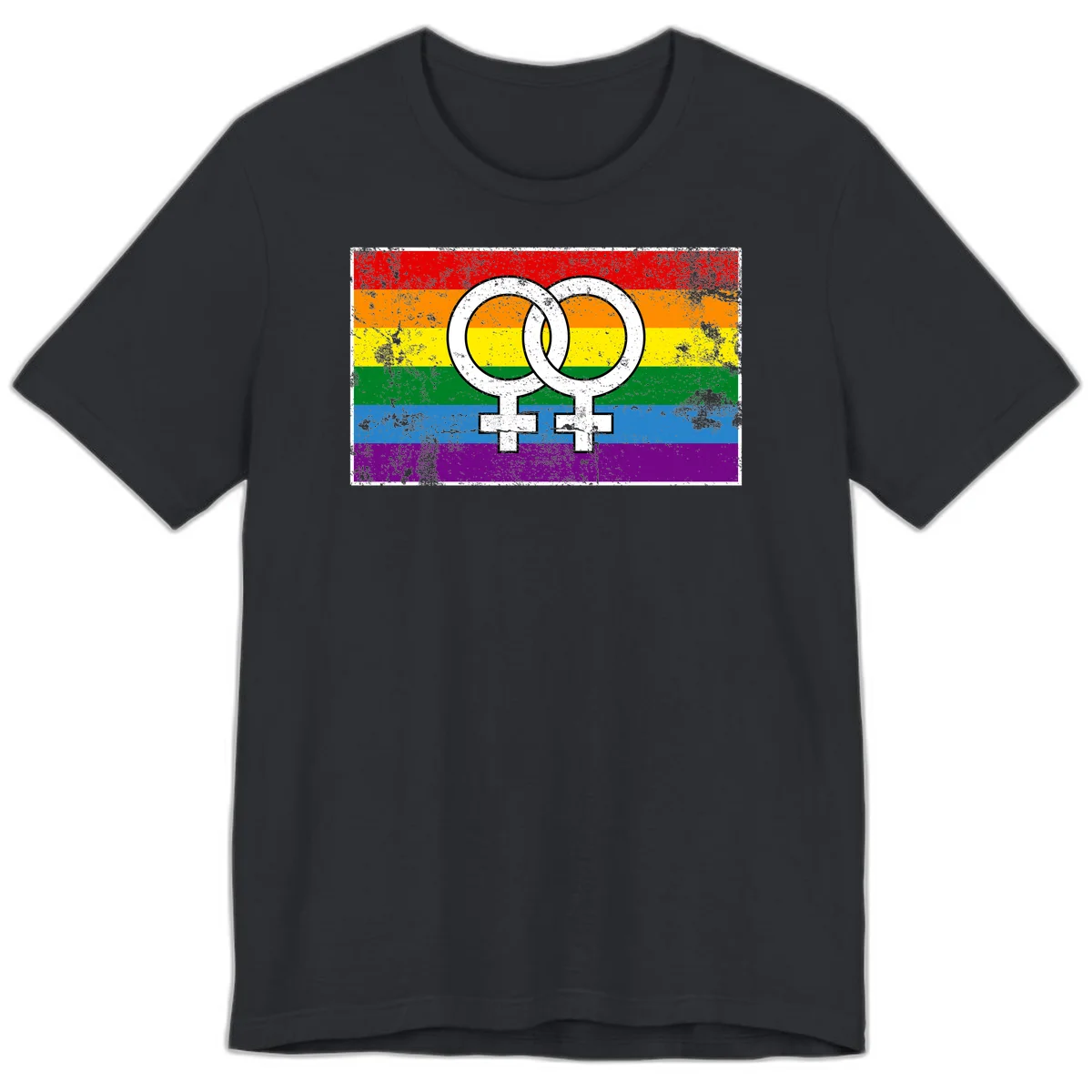 Two interlocking white female symbols on a distressed rainbow pride flag background representing lesbian pride and LGBTQ+ community in Vintage Black