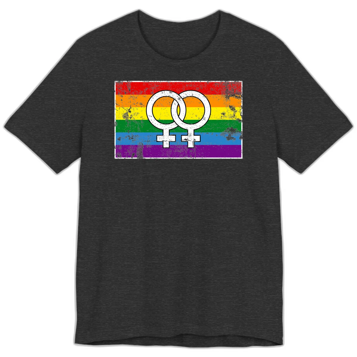 Two interlocking white female symbols on a distressed rainbow pride flag background representing lesbian pride and LGBTQ+ community in Dark Grey Heather