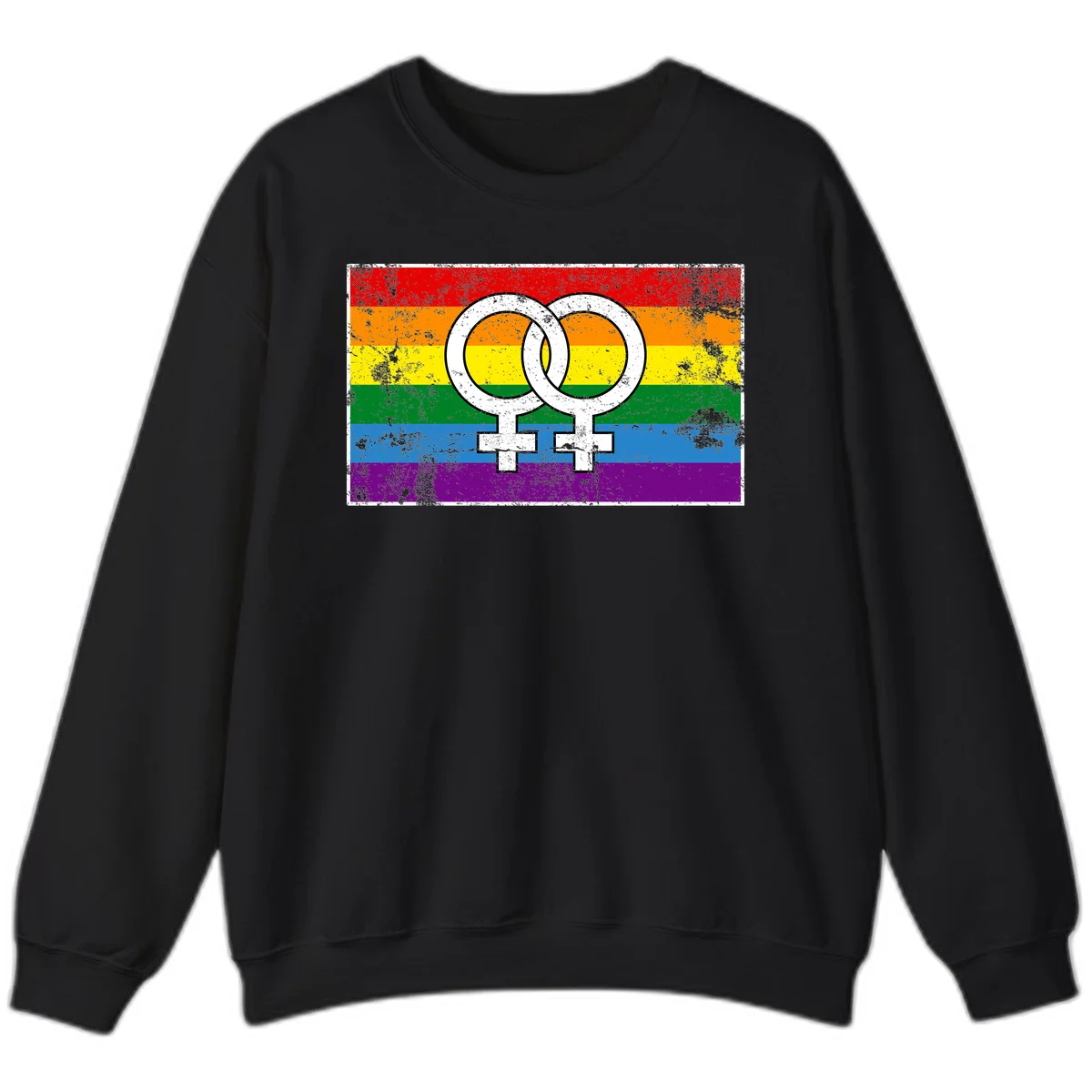Two interlocking white female symbols on a distressed rainbow pride flag background representing lesbian pride and LGBTQ+ community in Black