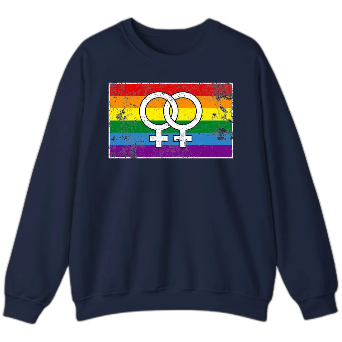 Two interlocking white female symbols on a distressed rainbow pride flag background representing lesbian pride and LGBTQ+ community in Navy