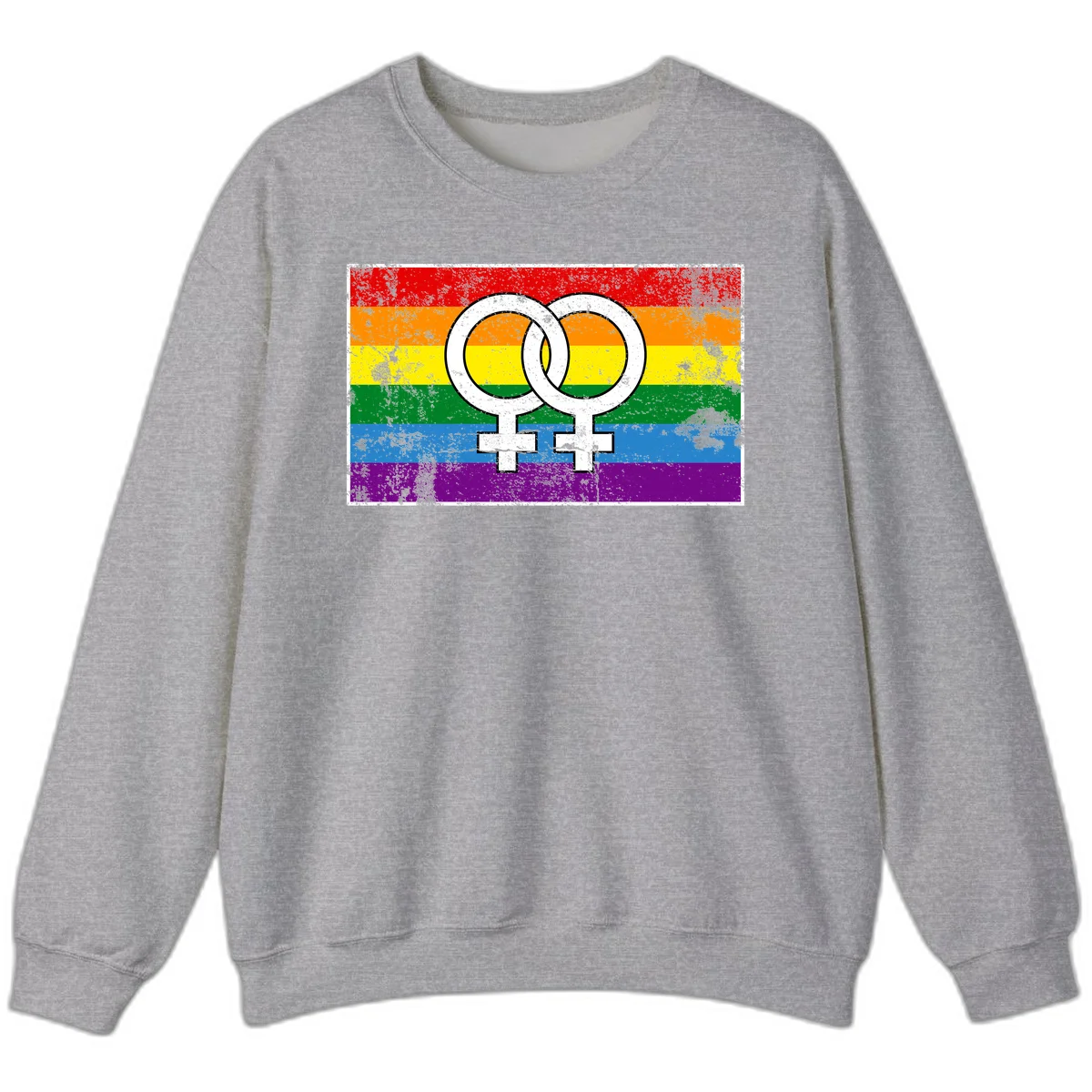 Two interlocking white female symbols on a distressed rainbow pride flag background representing lesbian pride and LGBTQ+ community in Sport Grey
